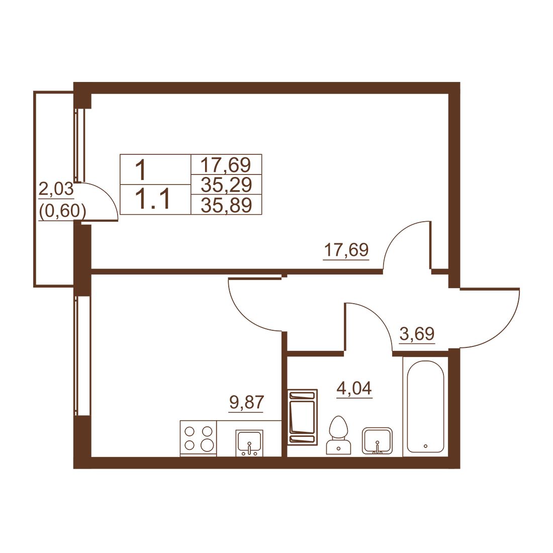 Квартира 1-комнатная №106, 9 этаж