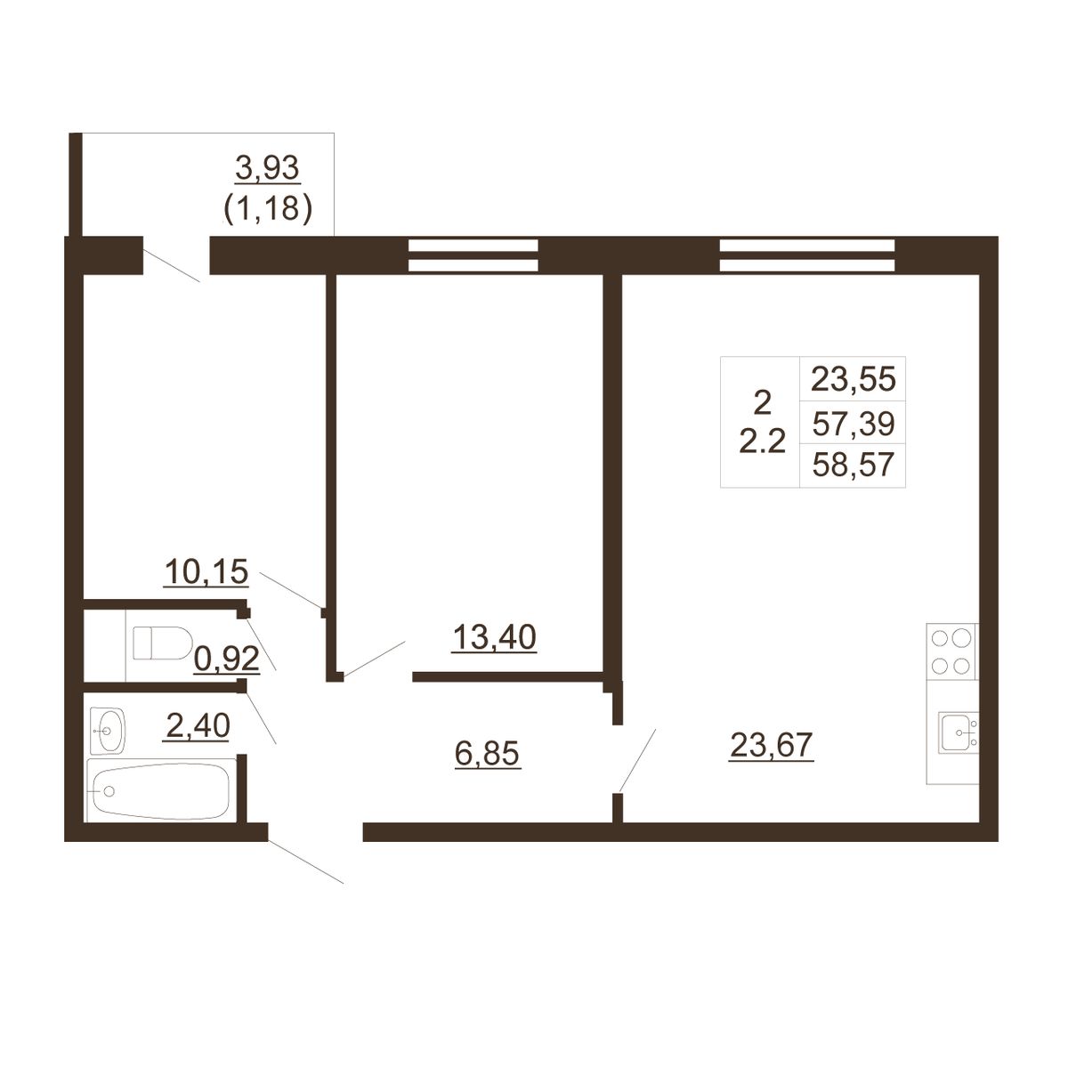 Квартира 2-комнатная №596, 14 этаж