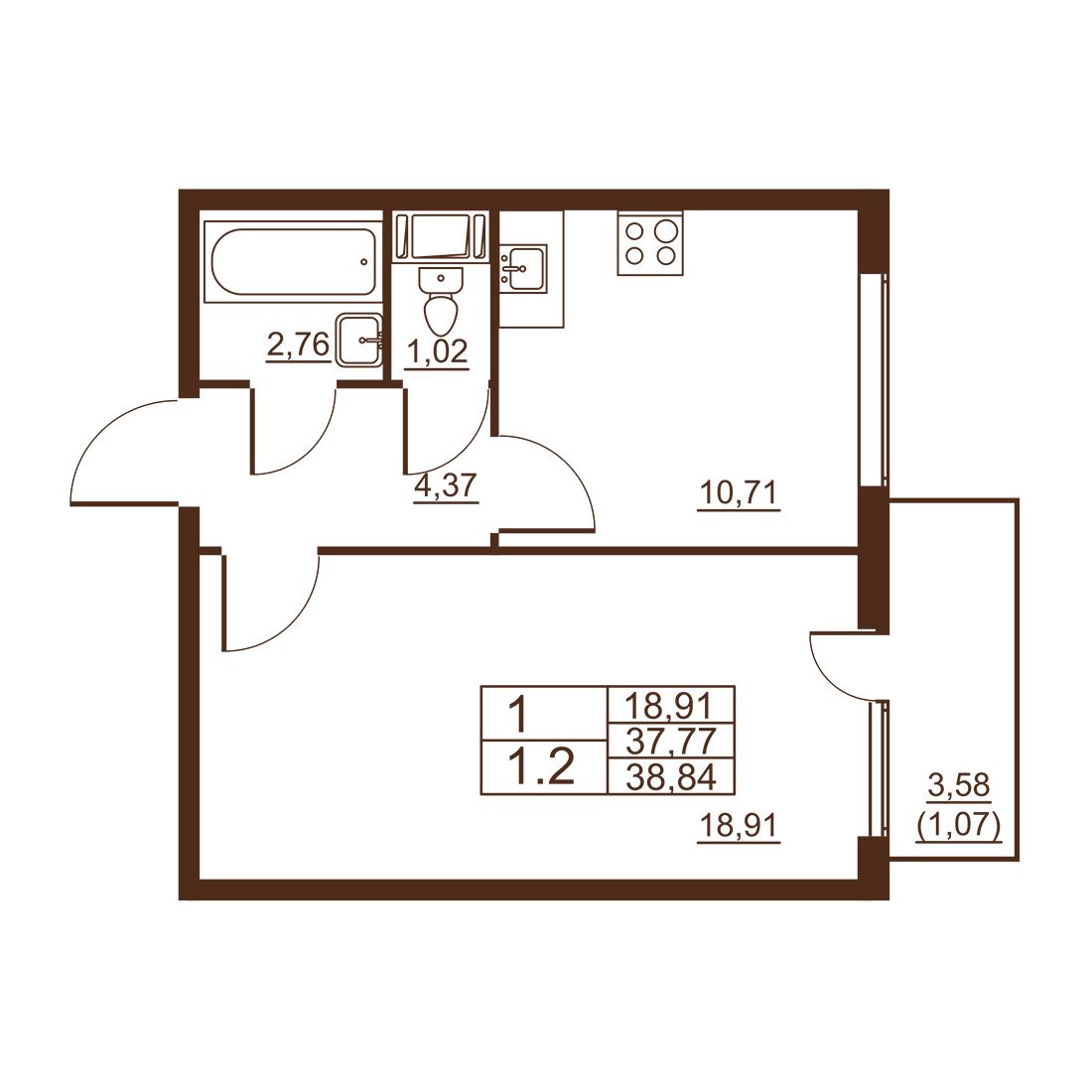 Квартира 1-комнатная №242, 10 этаж