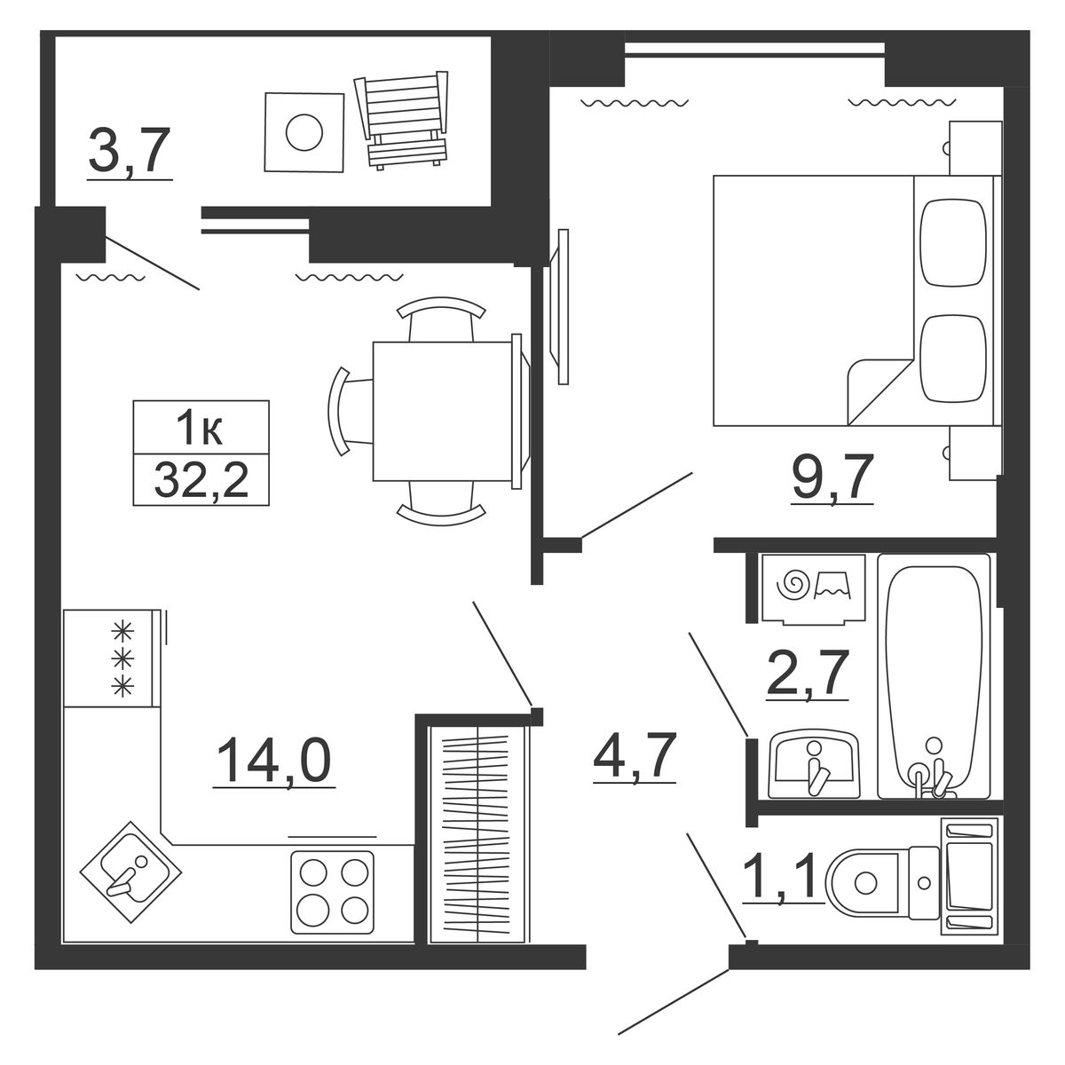 1-комнатная квартира №113