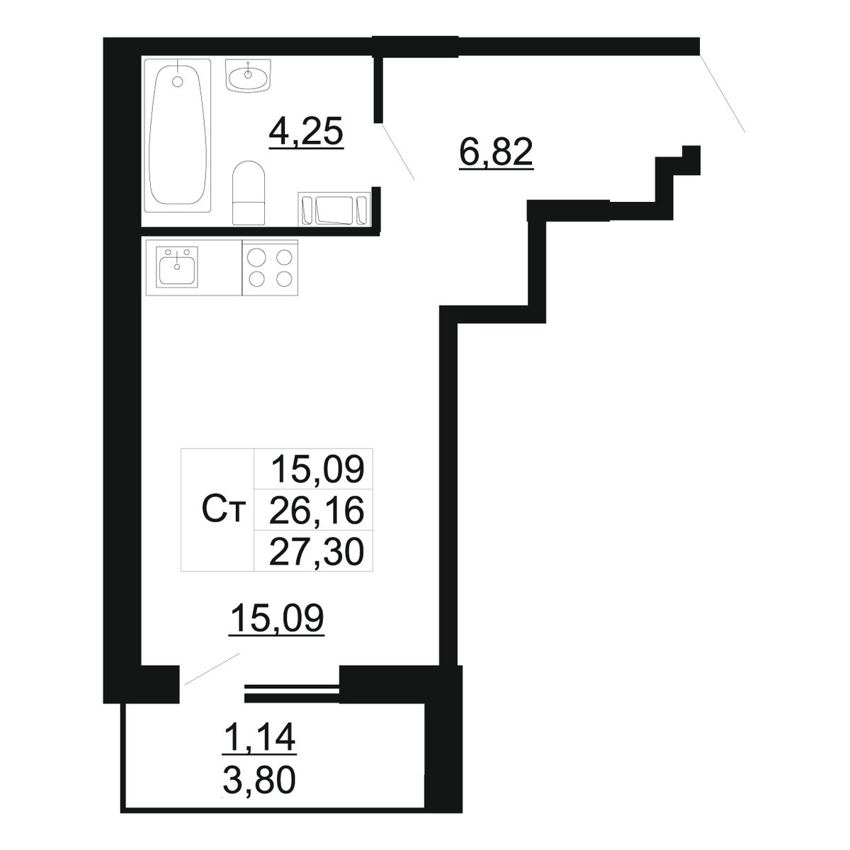 Квартира студия №64, 6 этаж