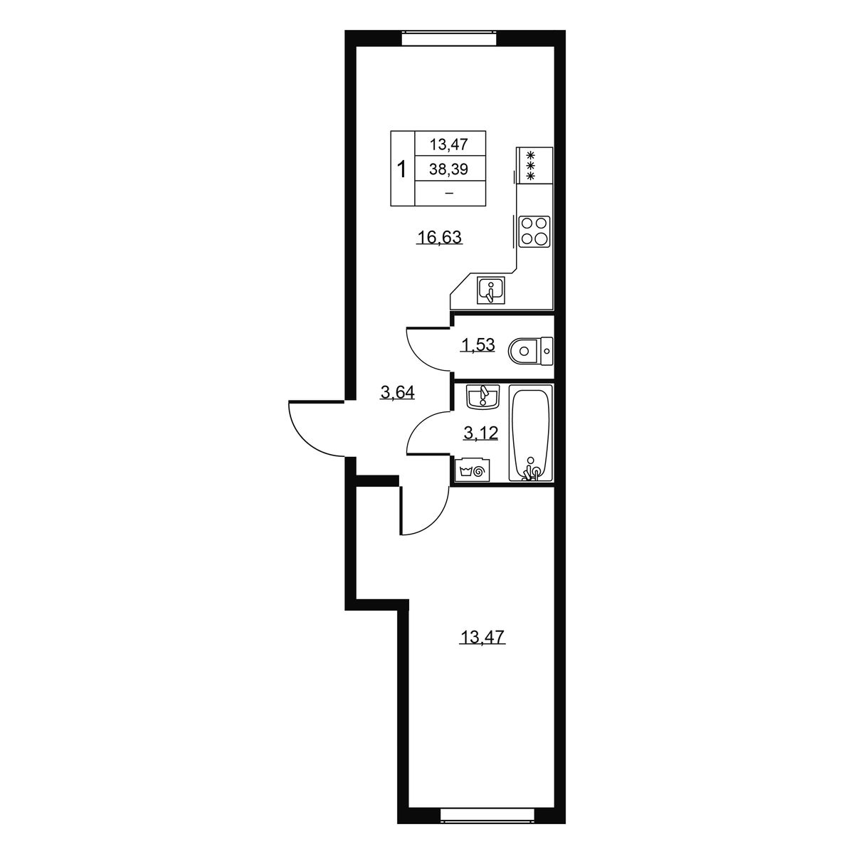 Квартира 1-комнатная №166, 2 этаж