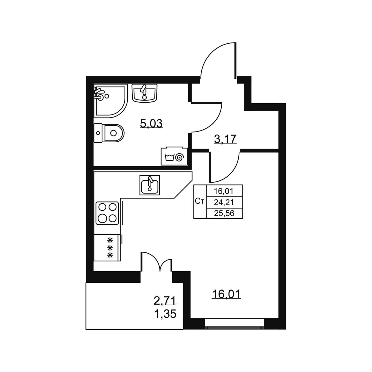 Квартира студия №496, 2 этаж