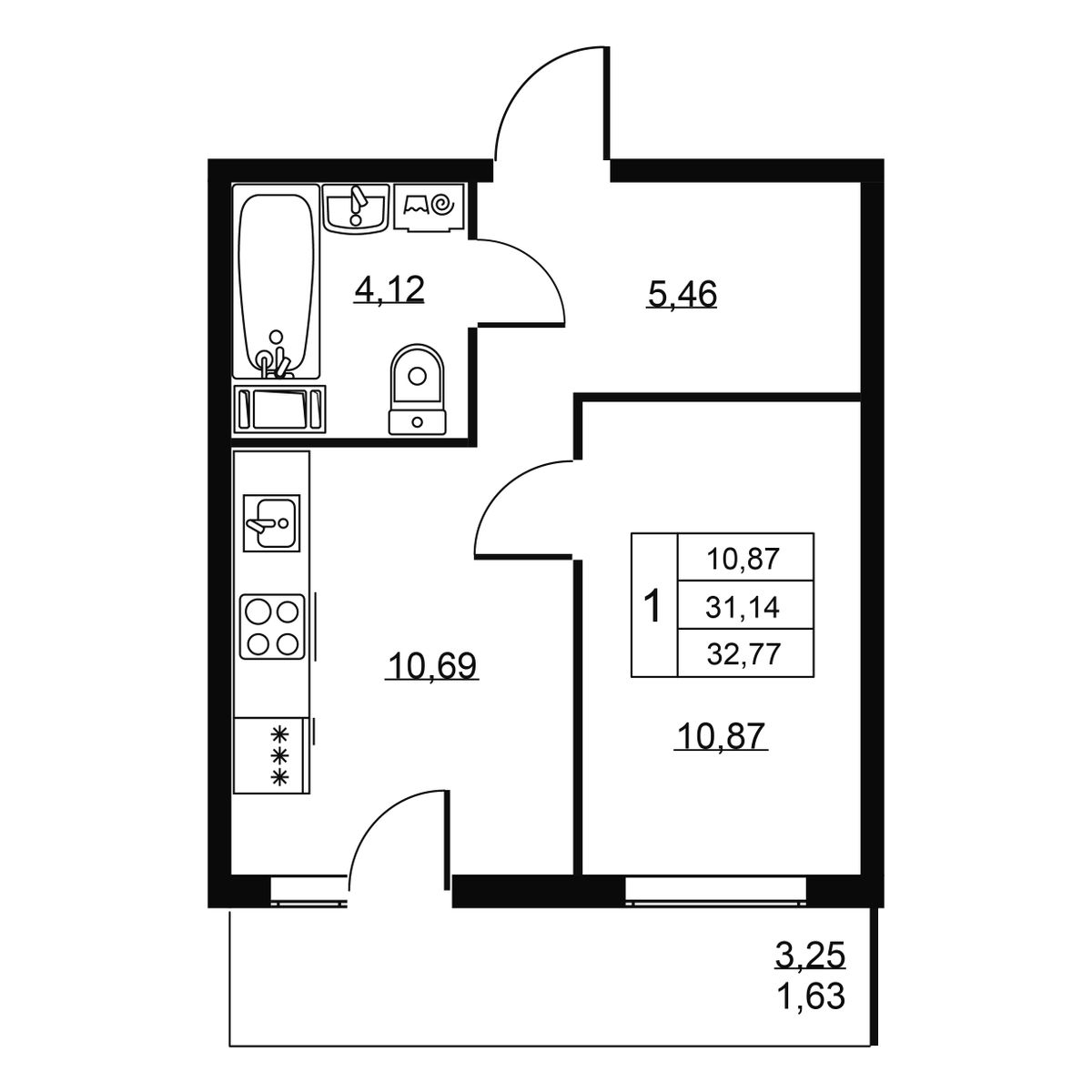 1-комнатная квартира №103