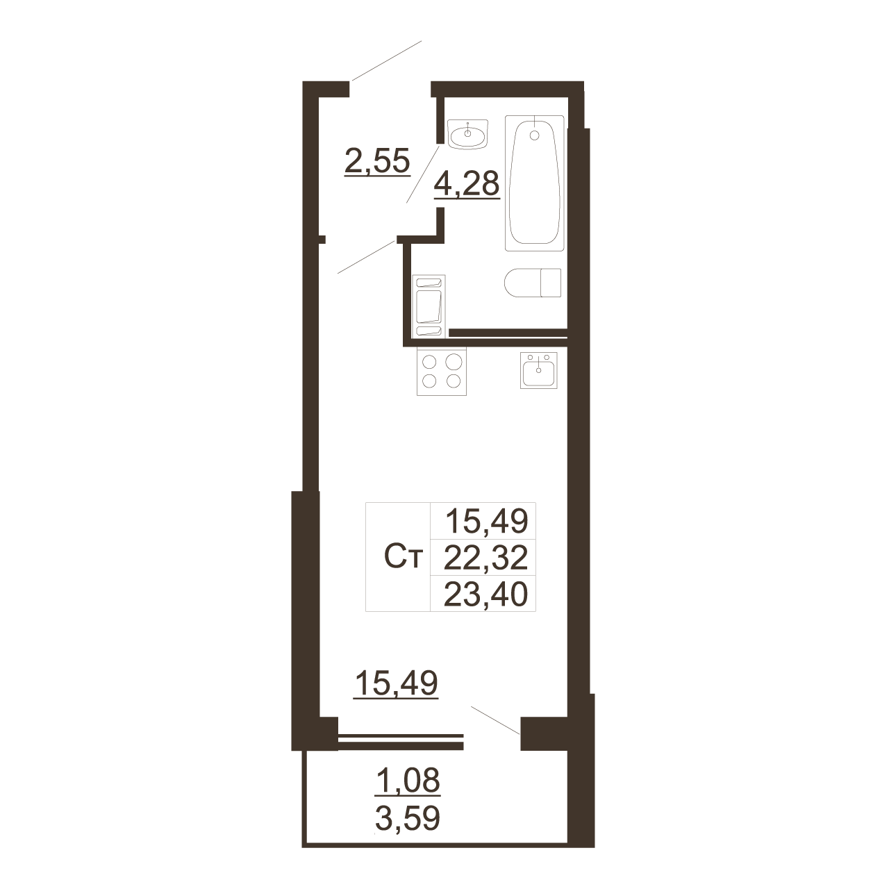 Квартира студия, 23.4