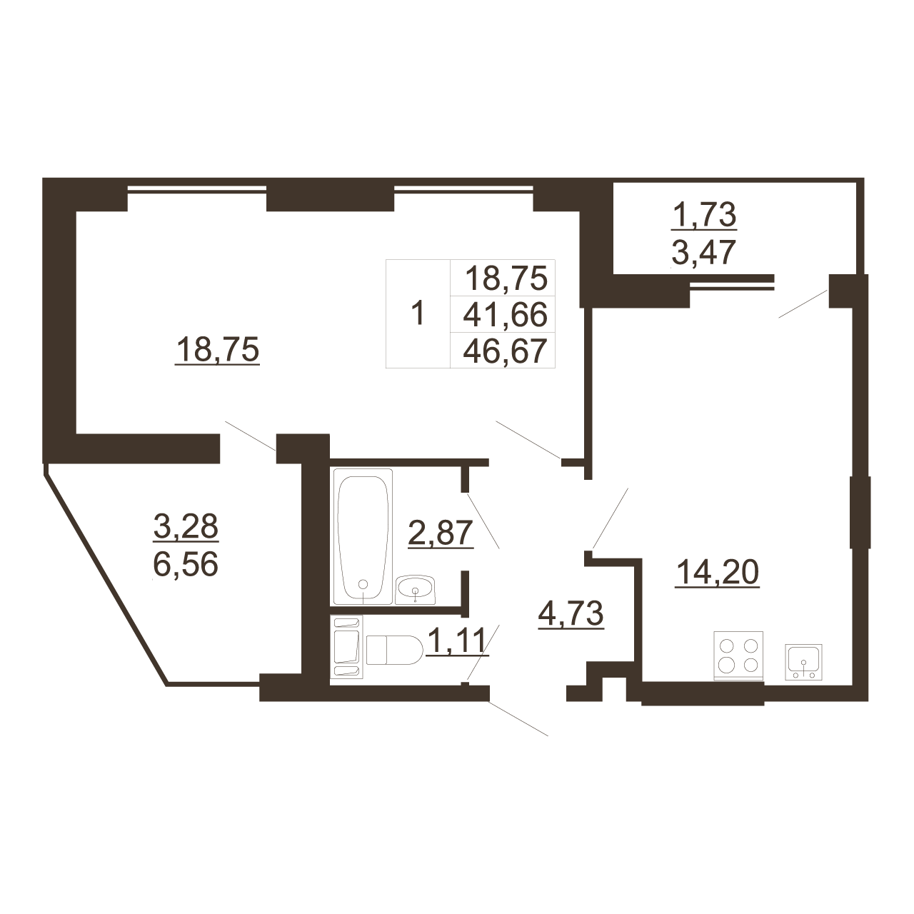 1-комнатная квартира, 46.67