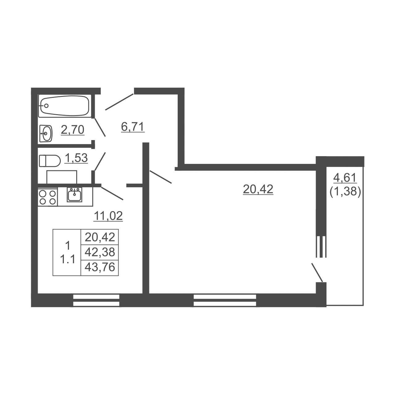 1-комнатная квартира, 43.76