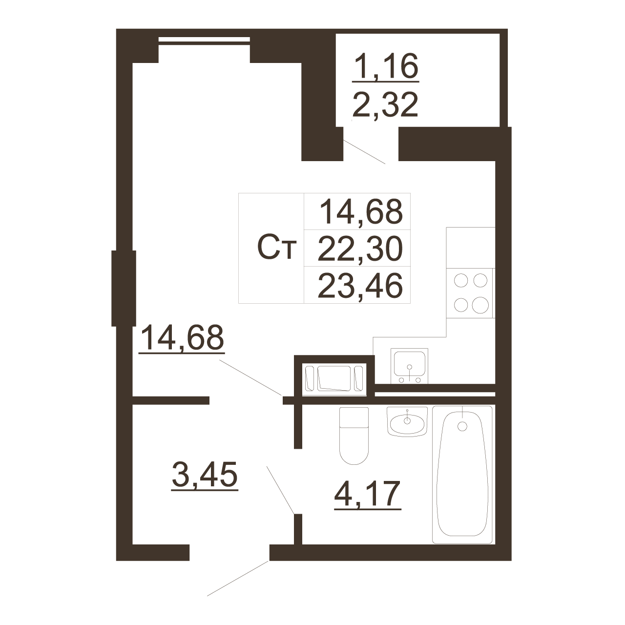 Квартира студия, 23.46