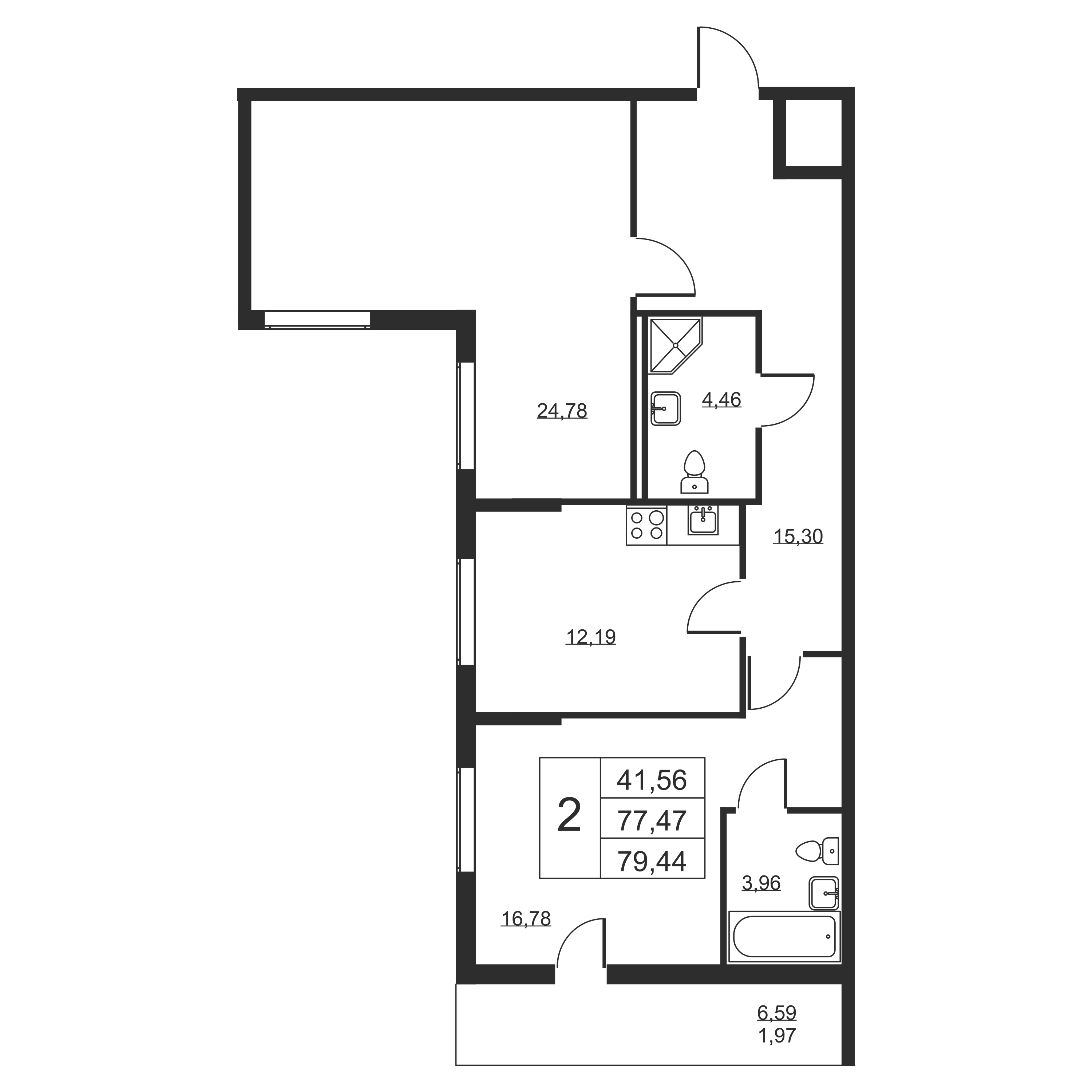 2-комнатная квартира, 79.44