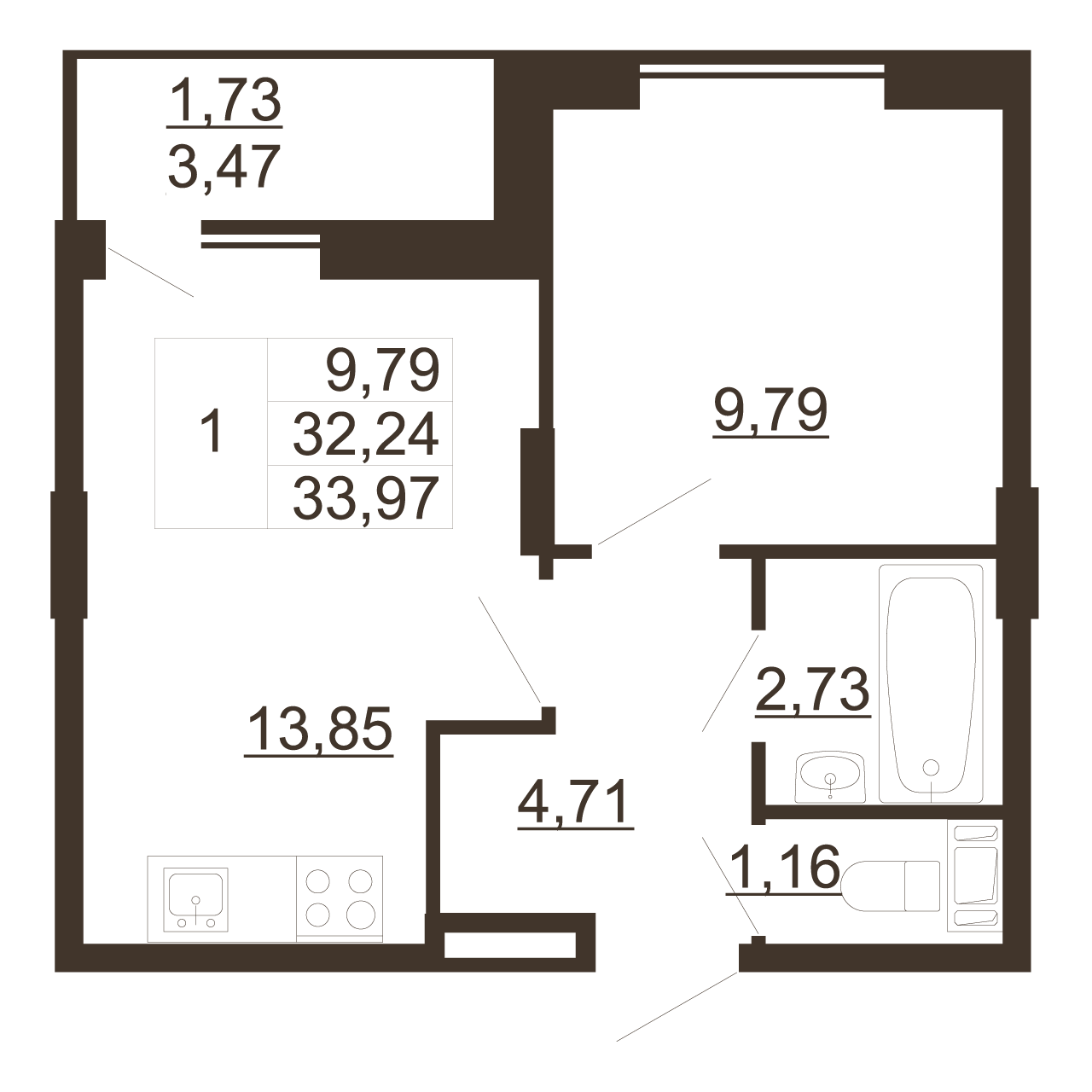 1-комнатная квартира, 33.97