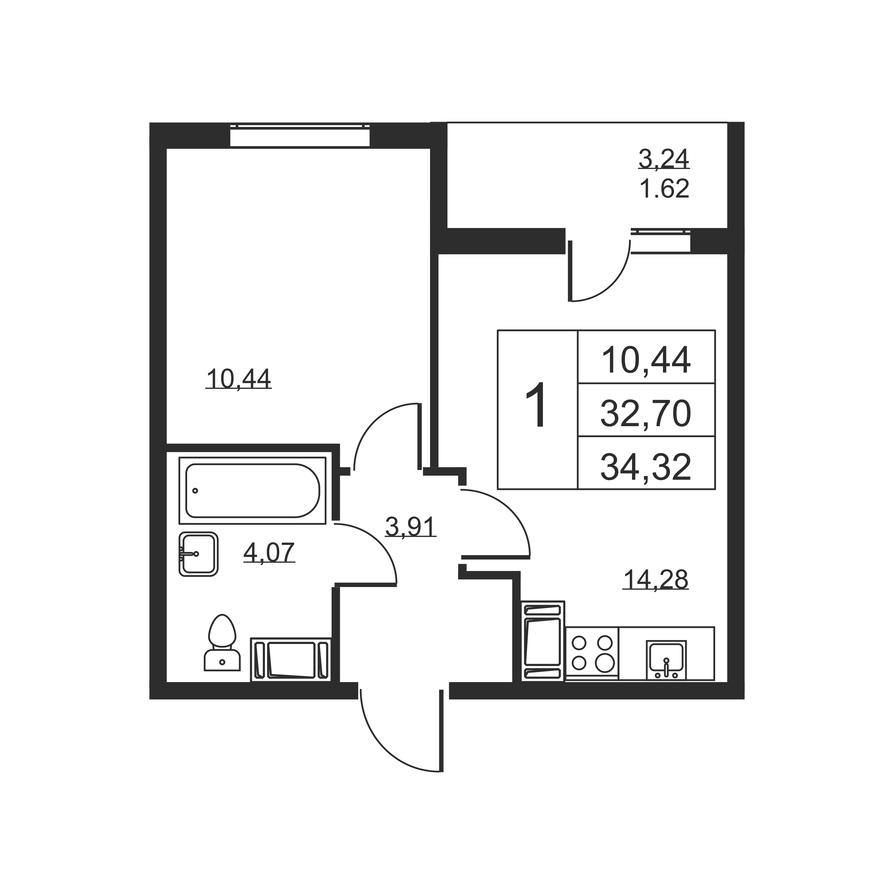 1-комнатная квартира, 34.32