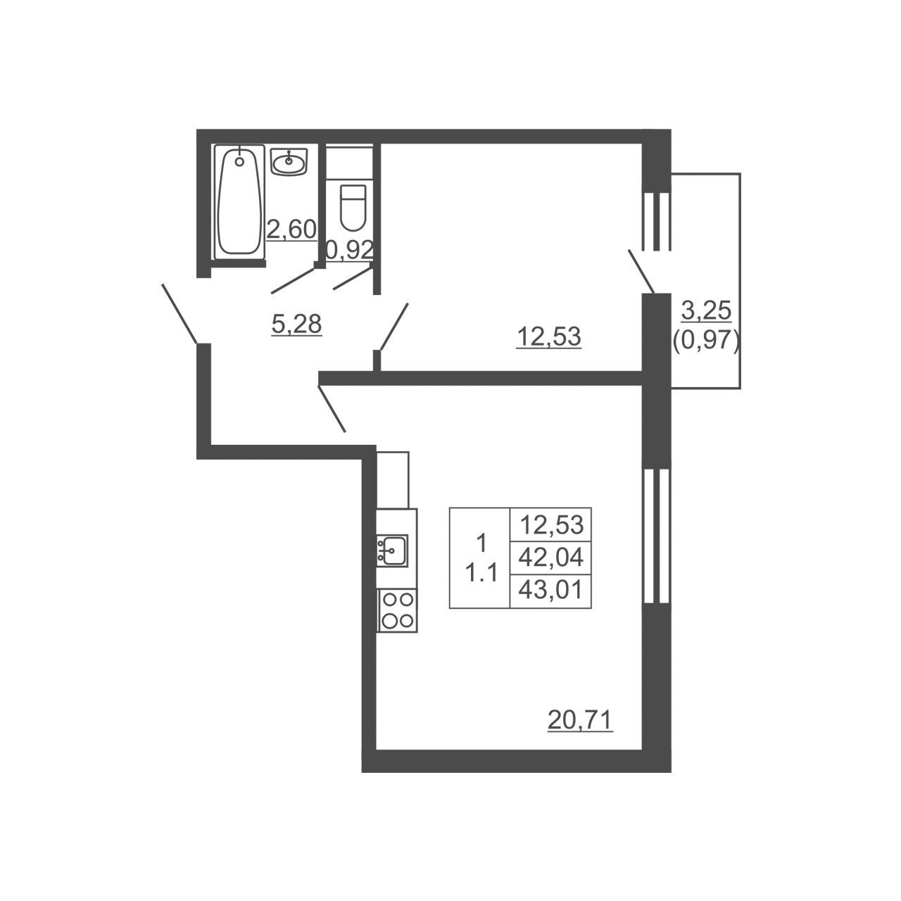 1-комнатная квартира, 43.01