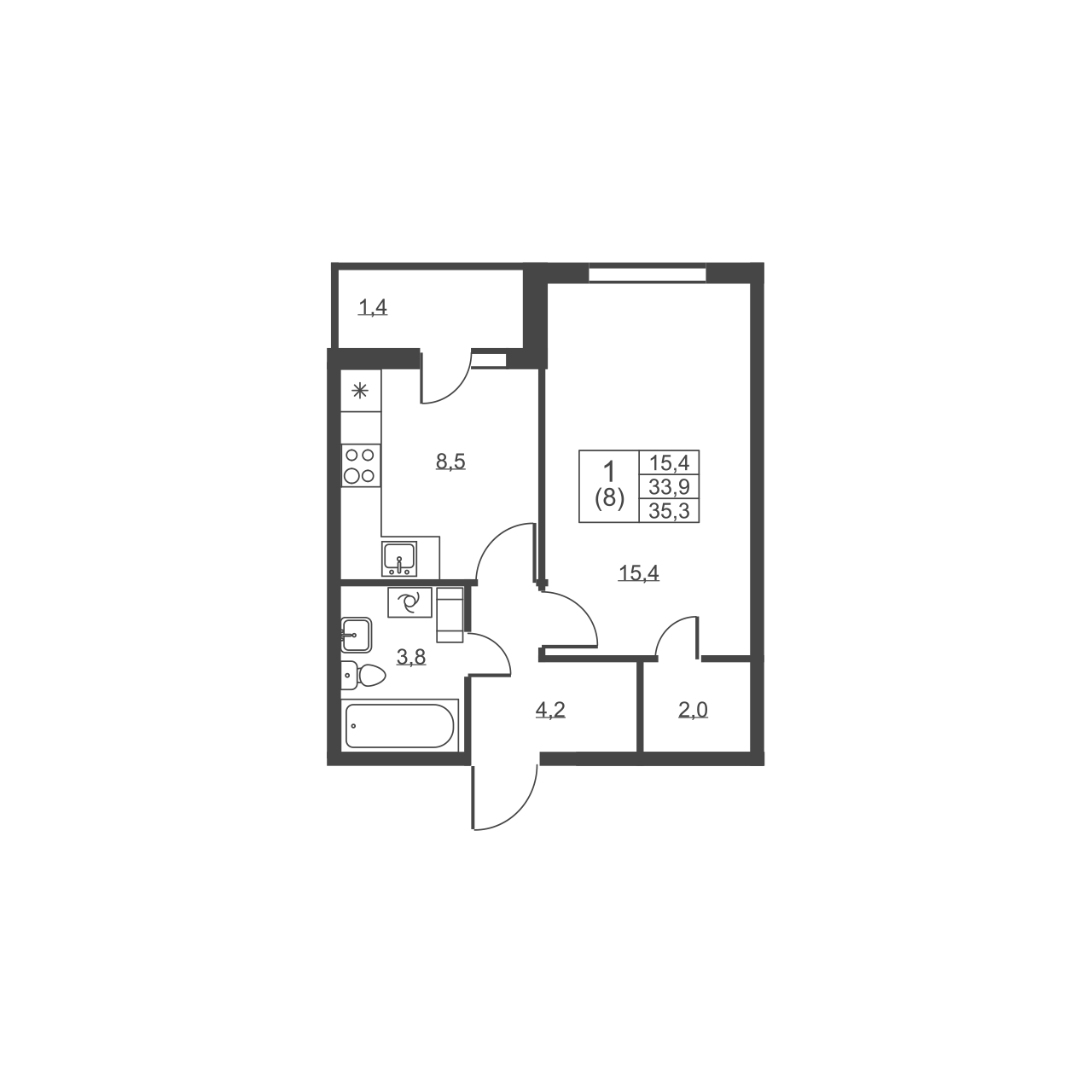 1-комнатная квартира, 35.3