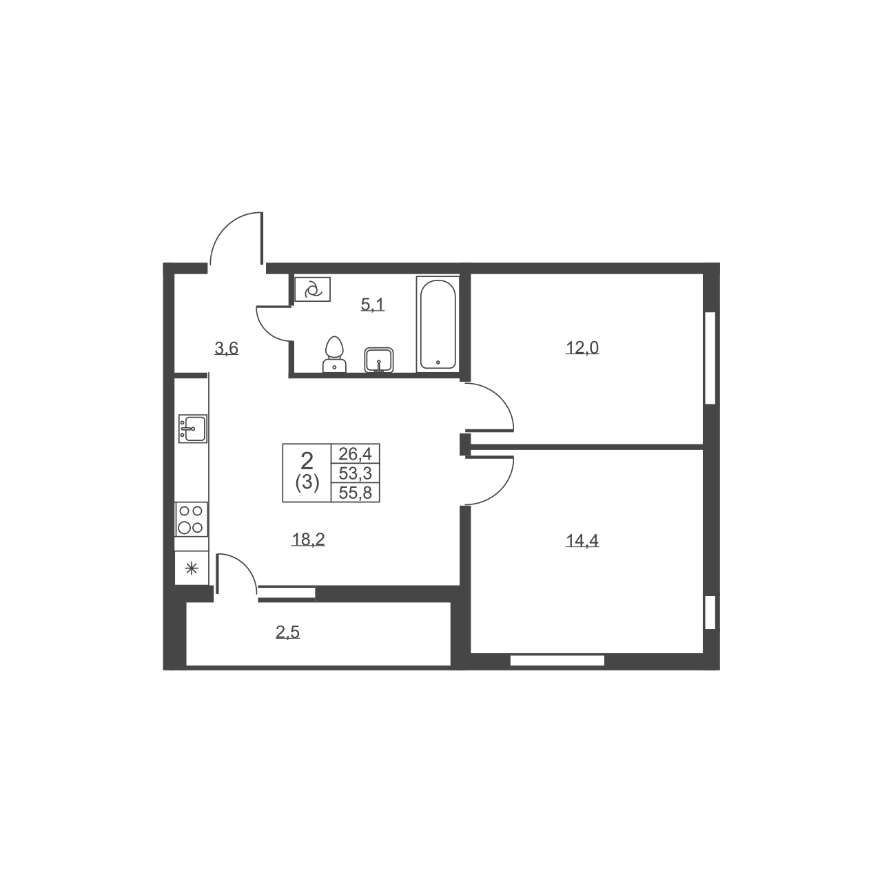 2-комнатная квартира, 55.8