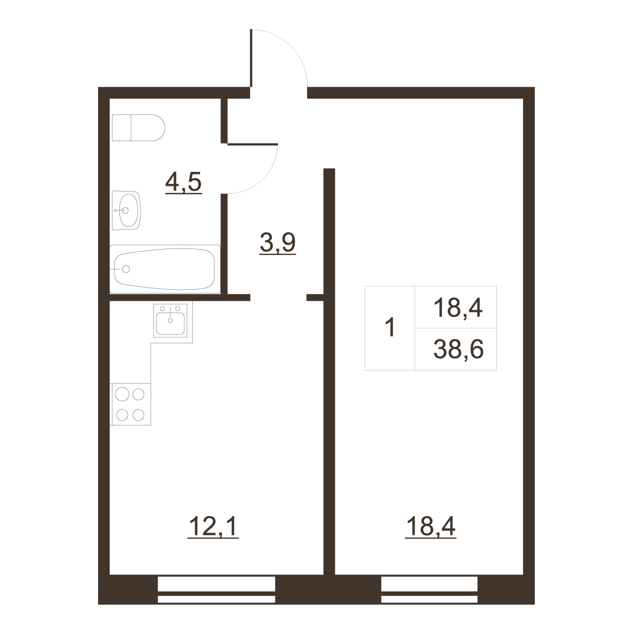 1-комнатная квартира, 38.6