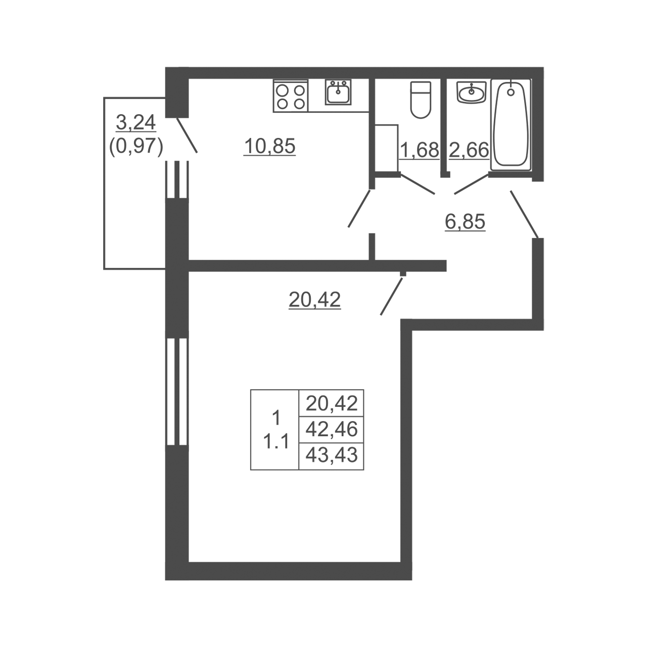 1-комнатная квартира, 43.43