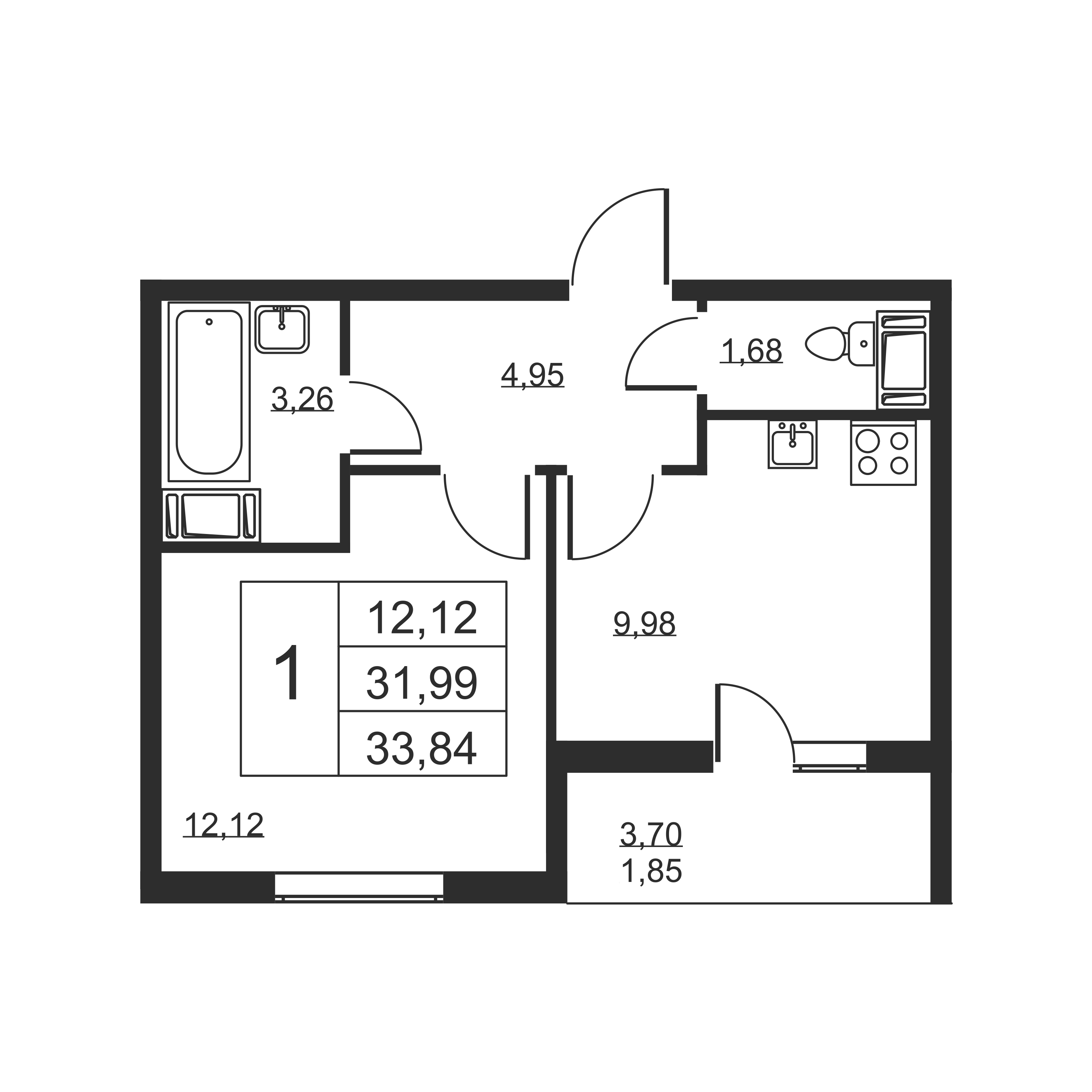 1-комнатная квартира, 33.84