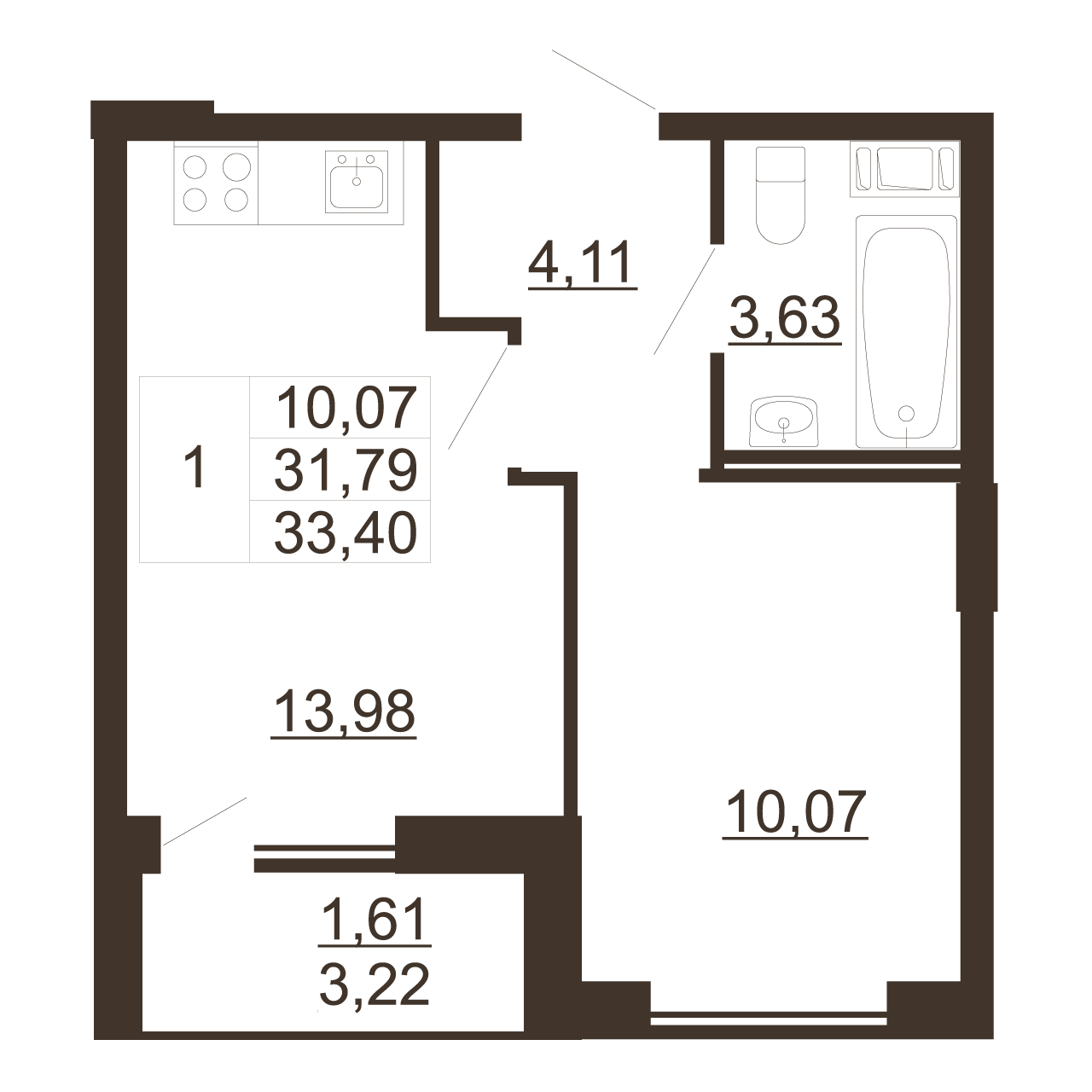 1-комнатная квартира, 33.4