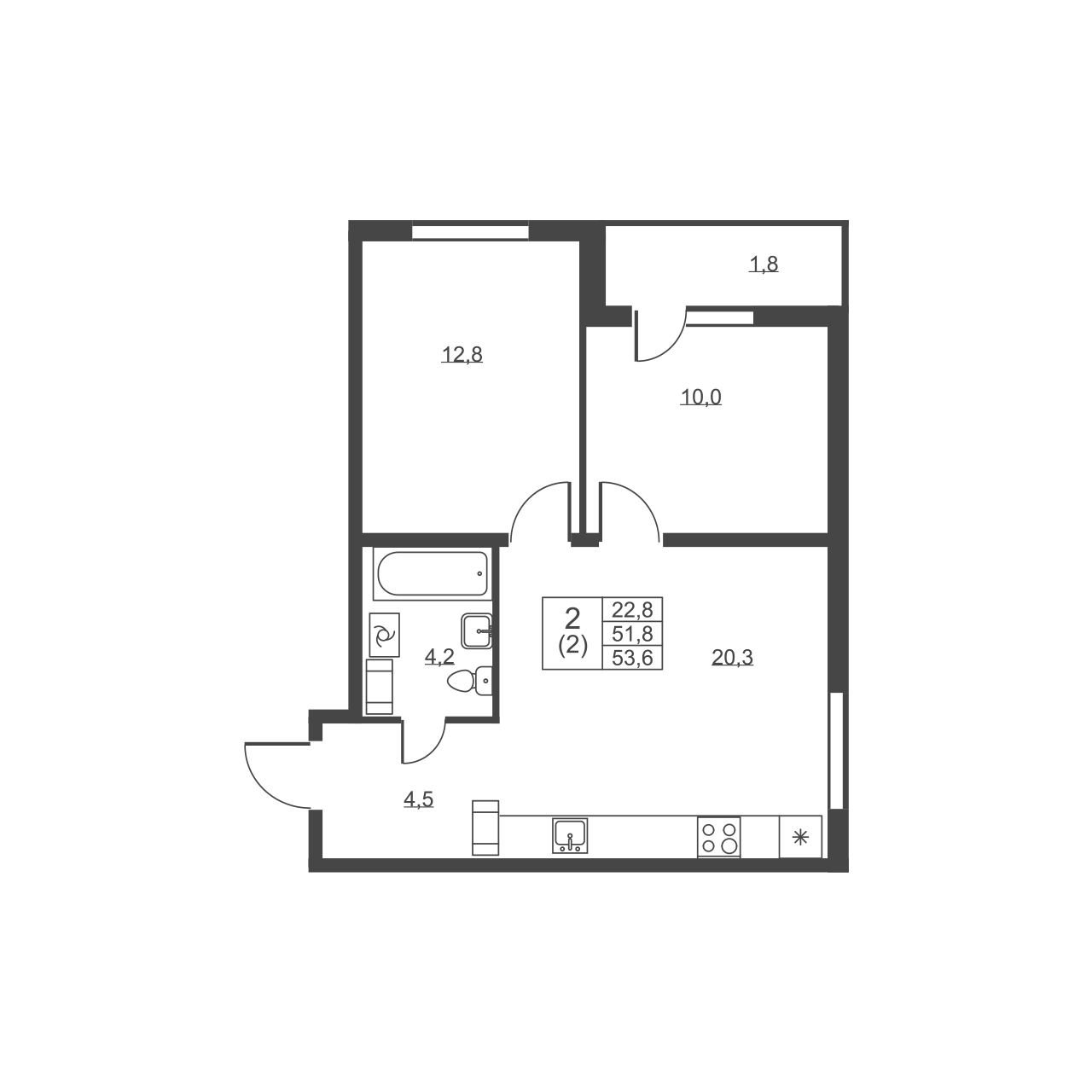 2-комнатная квартира, 53.6