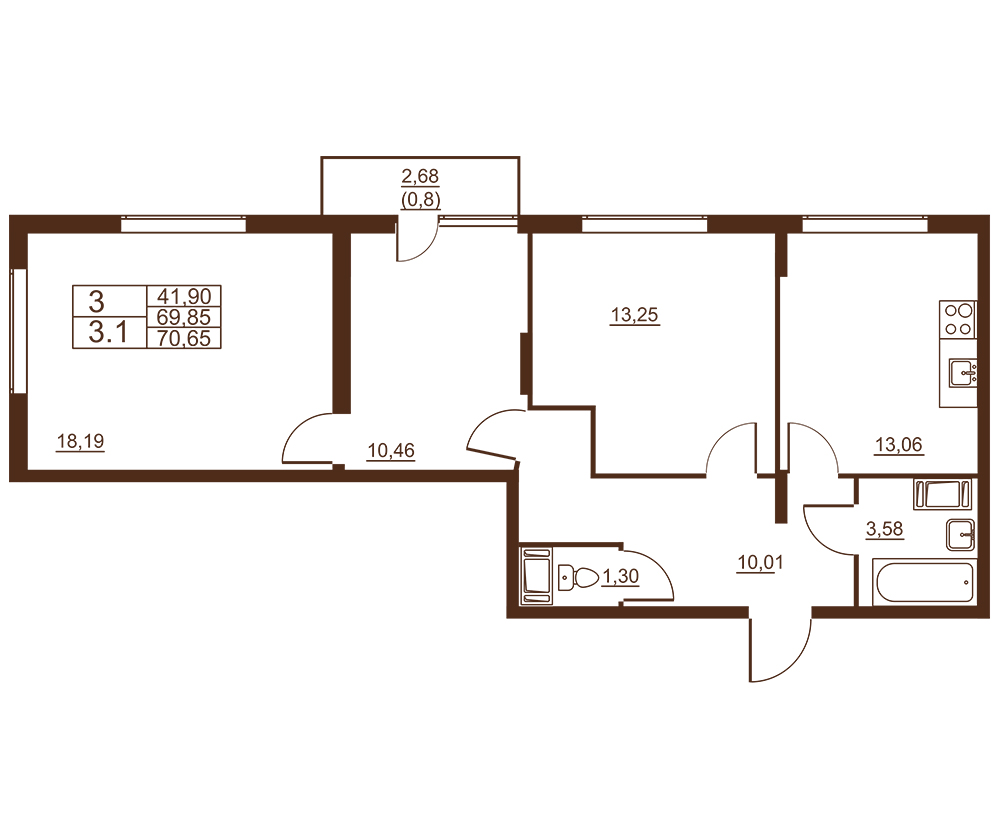 3-комнатная квартира, 70.65