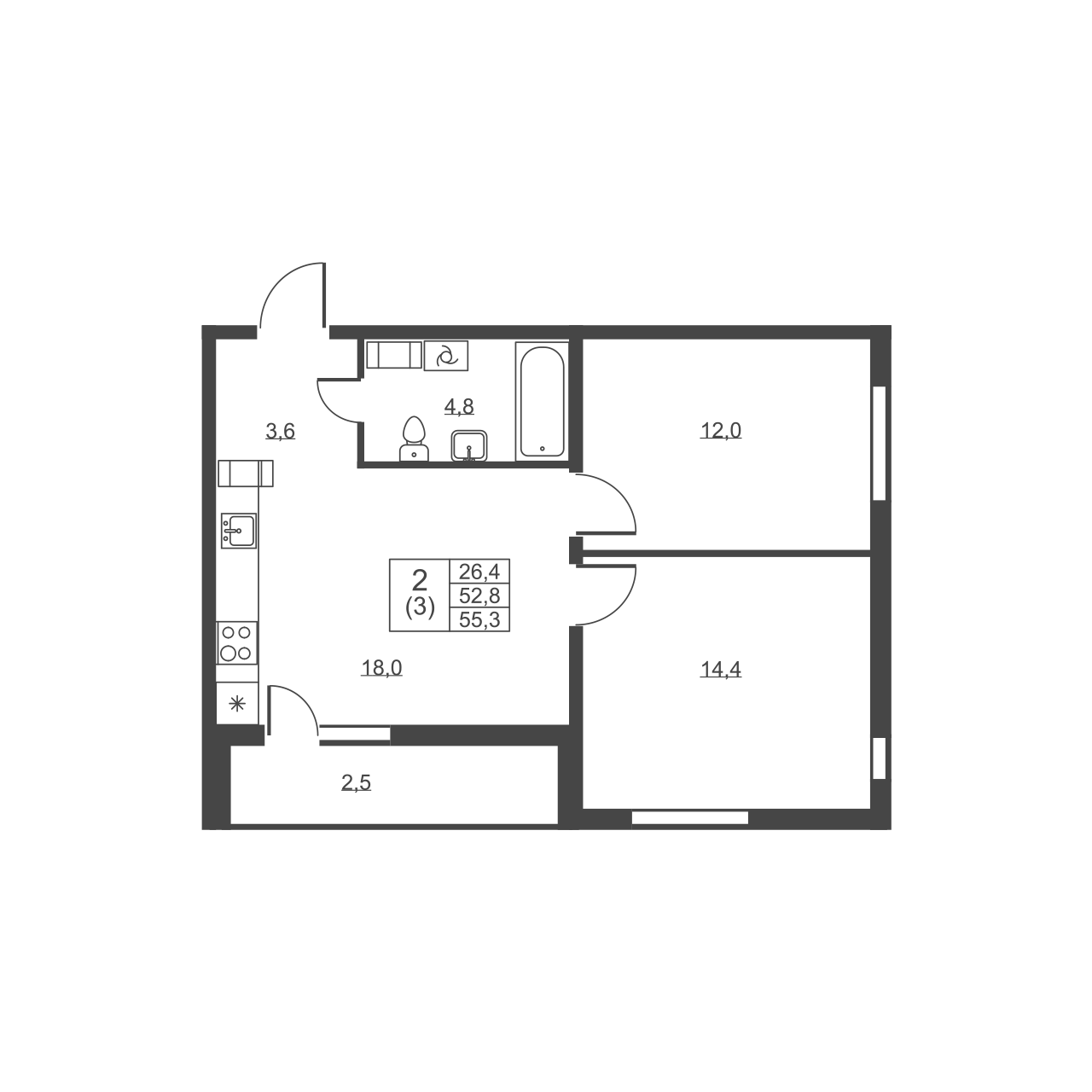 2-комнатная квартира, 55.3