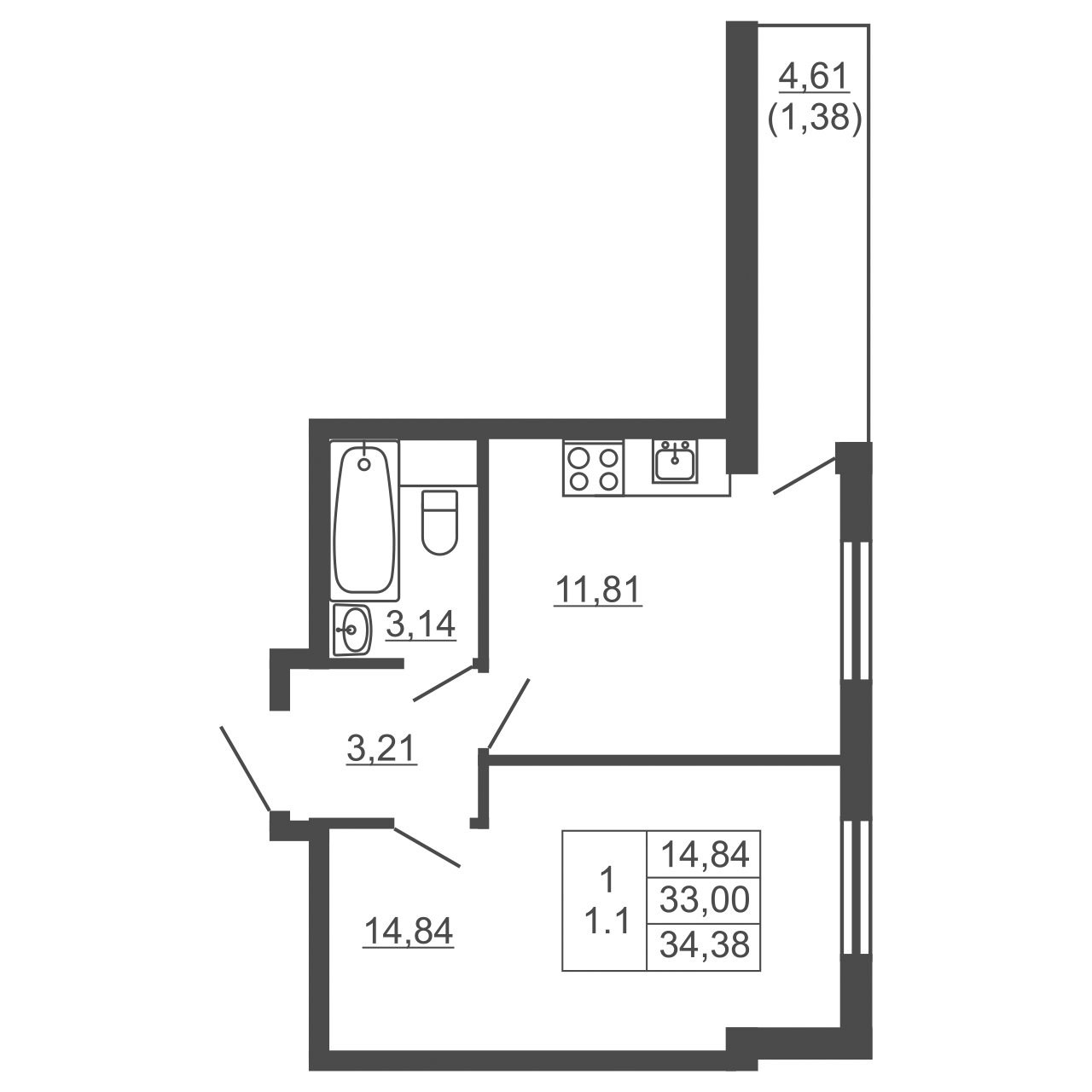 1-комнатная квартира, 34.38