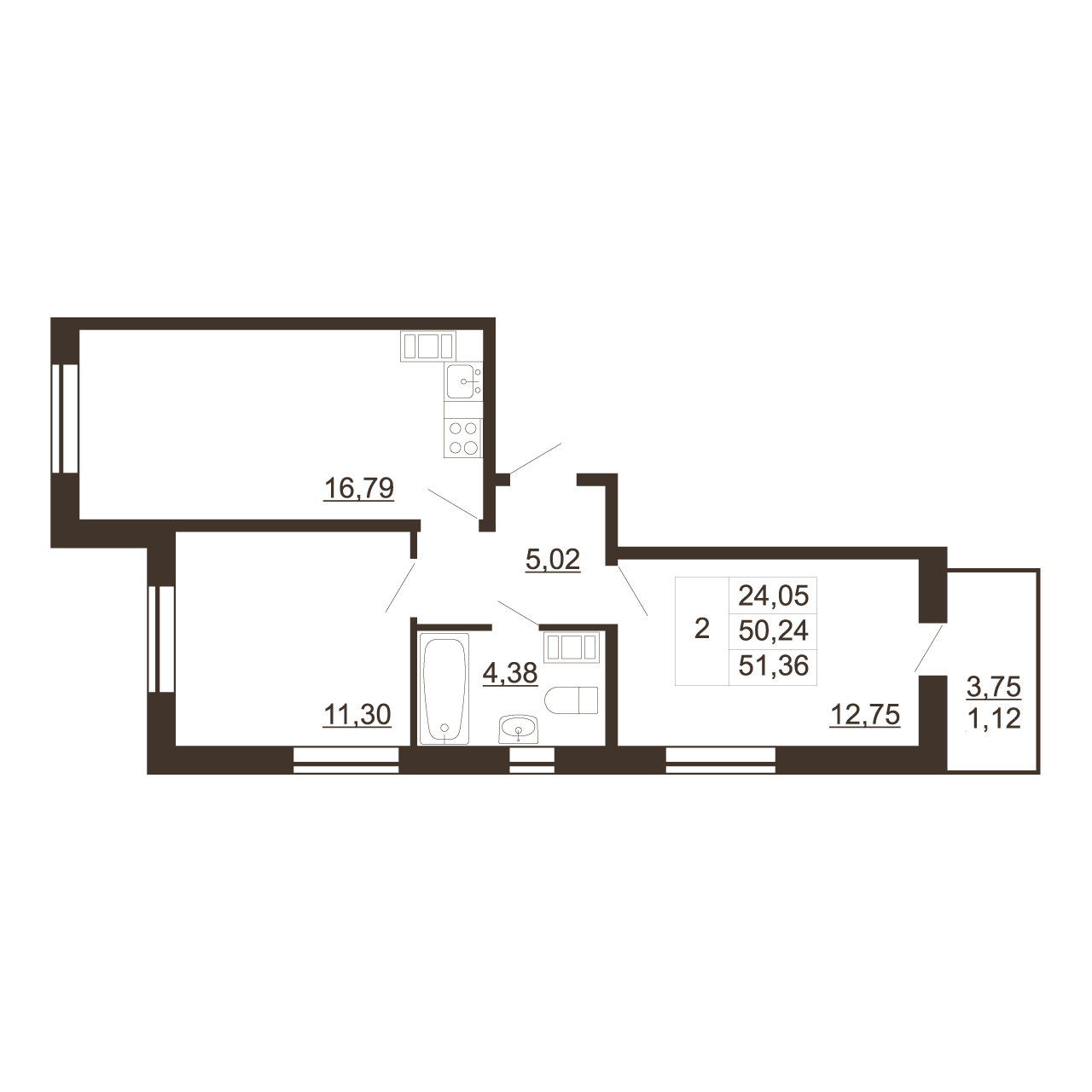 2-комнатная квартира, 51.36