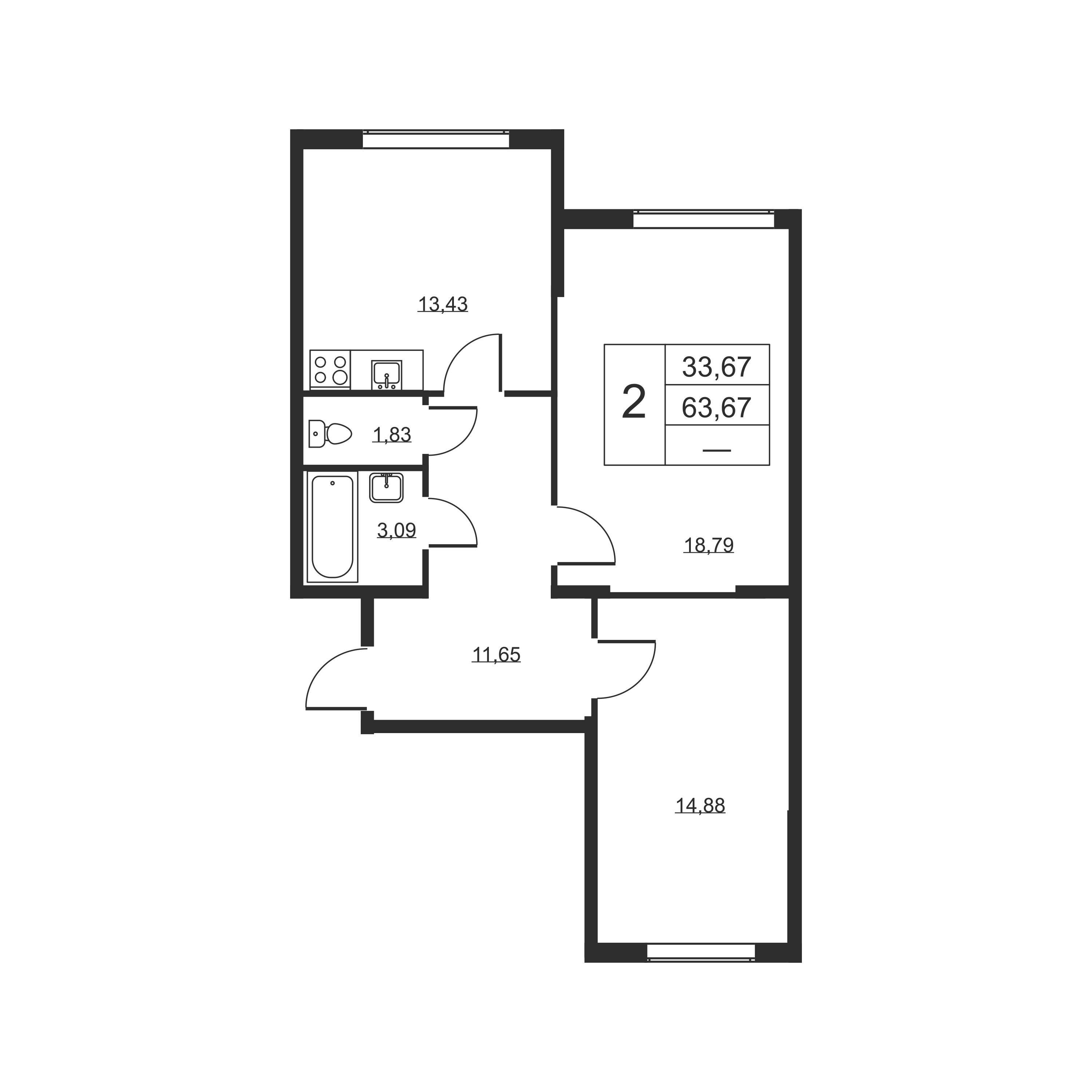 2-комнатная квартира, 63.67