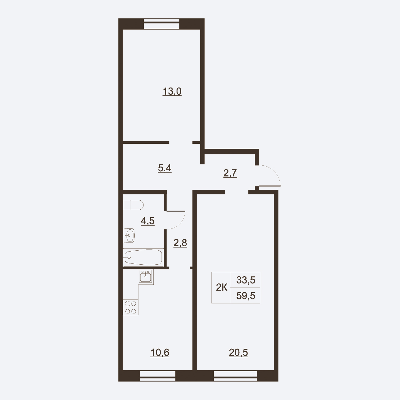 2-комнатная квартира, 59.5