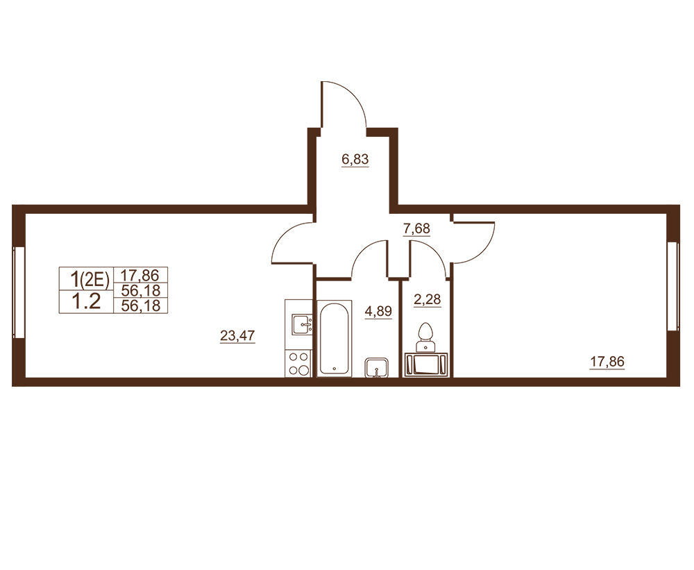 1-комнатная квартира, 56.18