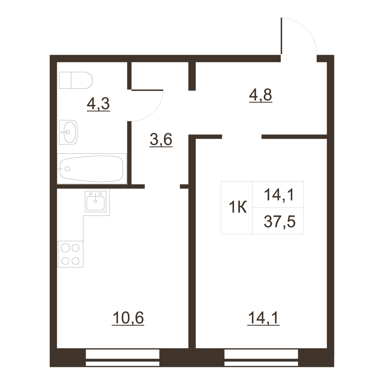 1-комнатная квартира, 37.5