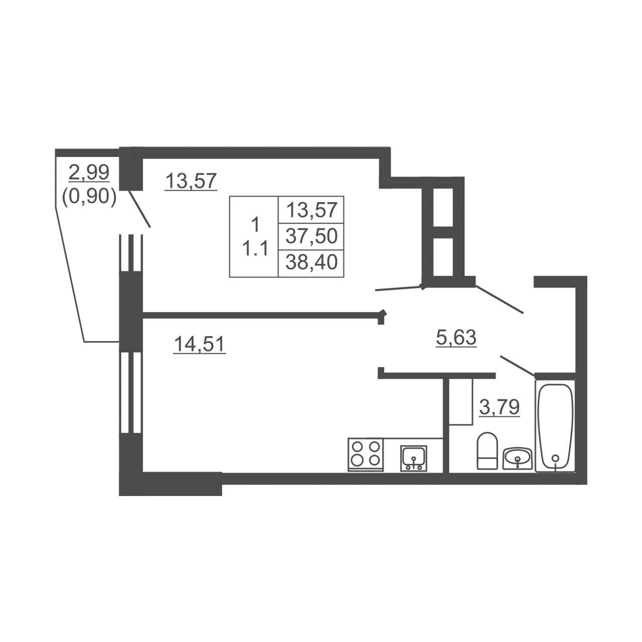 1-комнатная квартира, 38.4