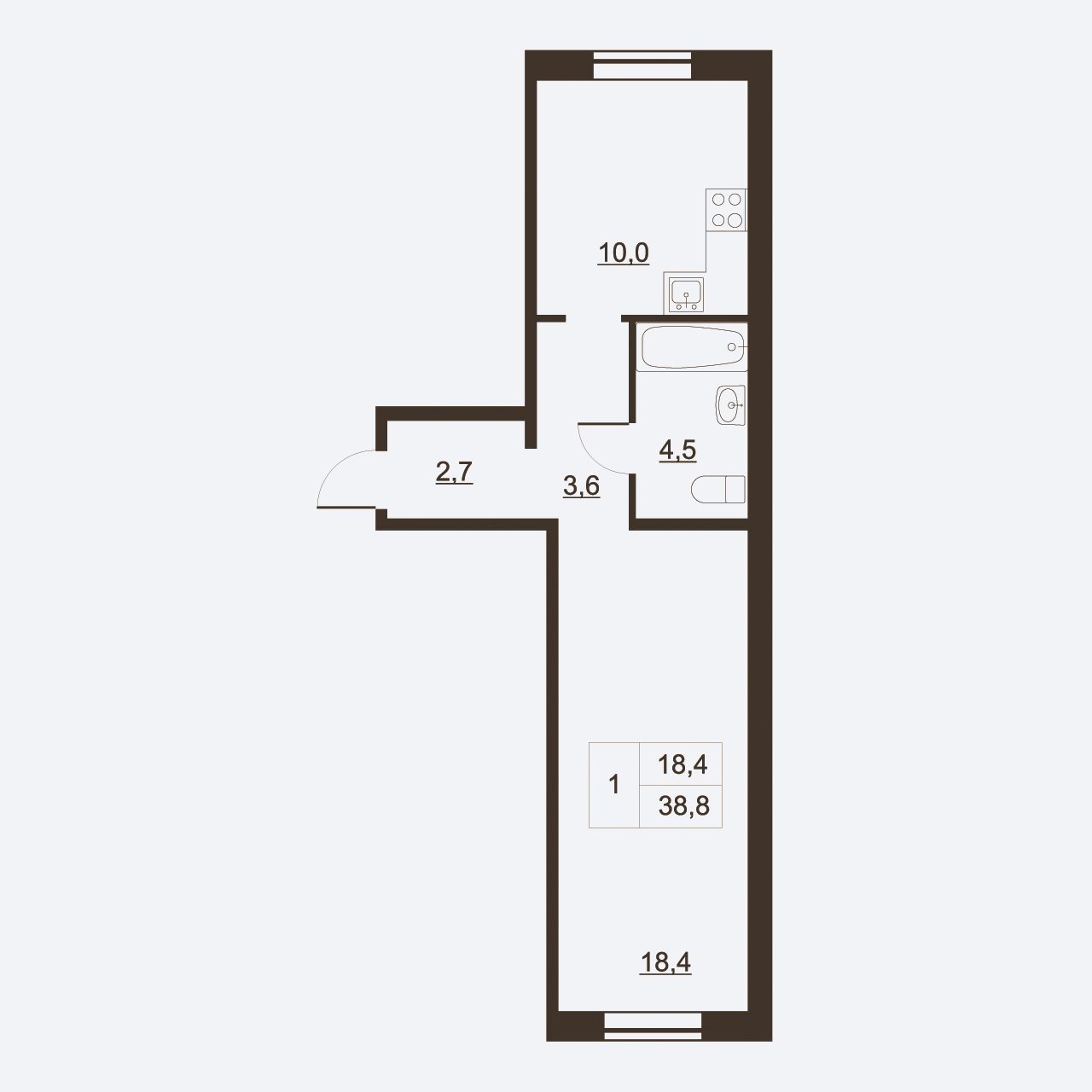 1-комнатная квартира, 38.7