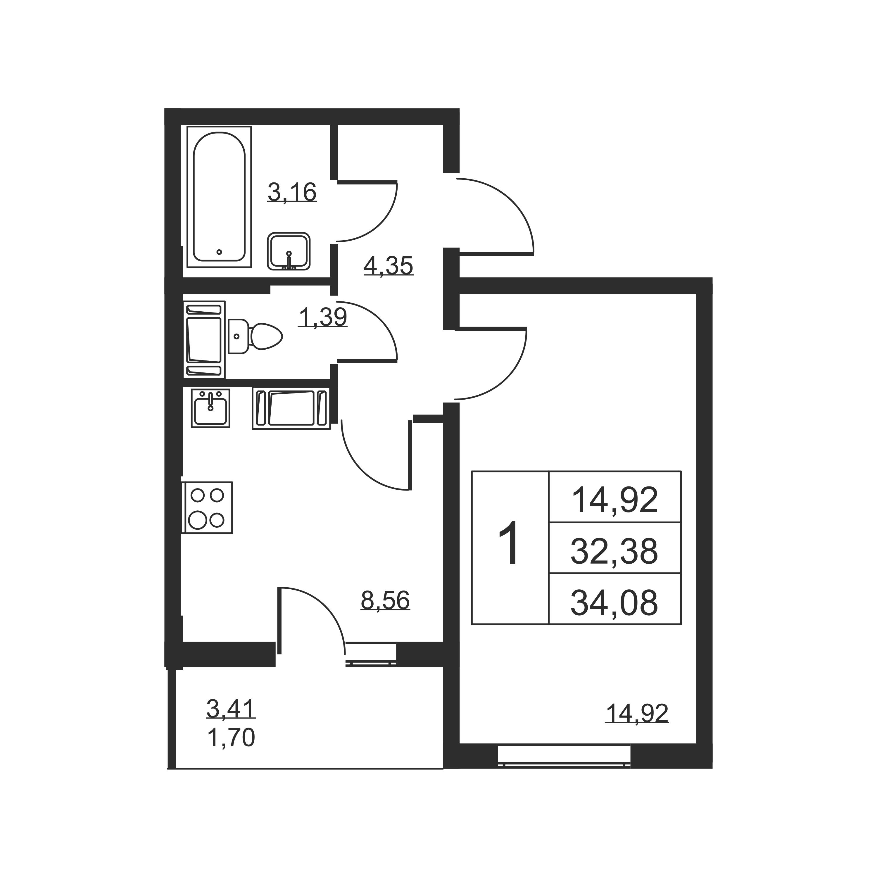 1-комнатная квартира, 34.08