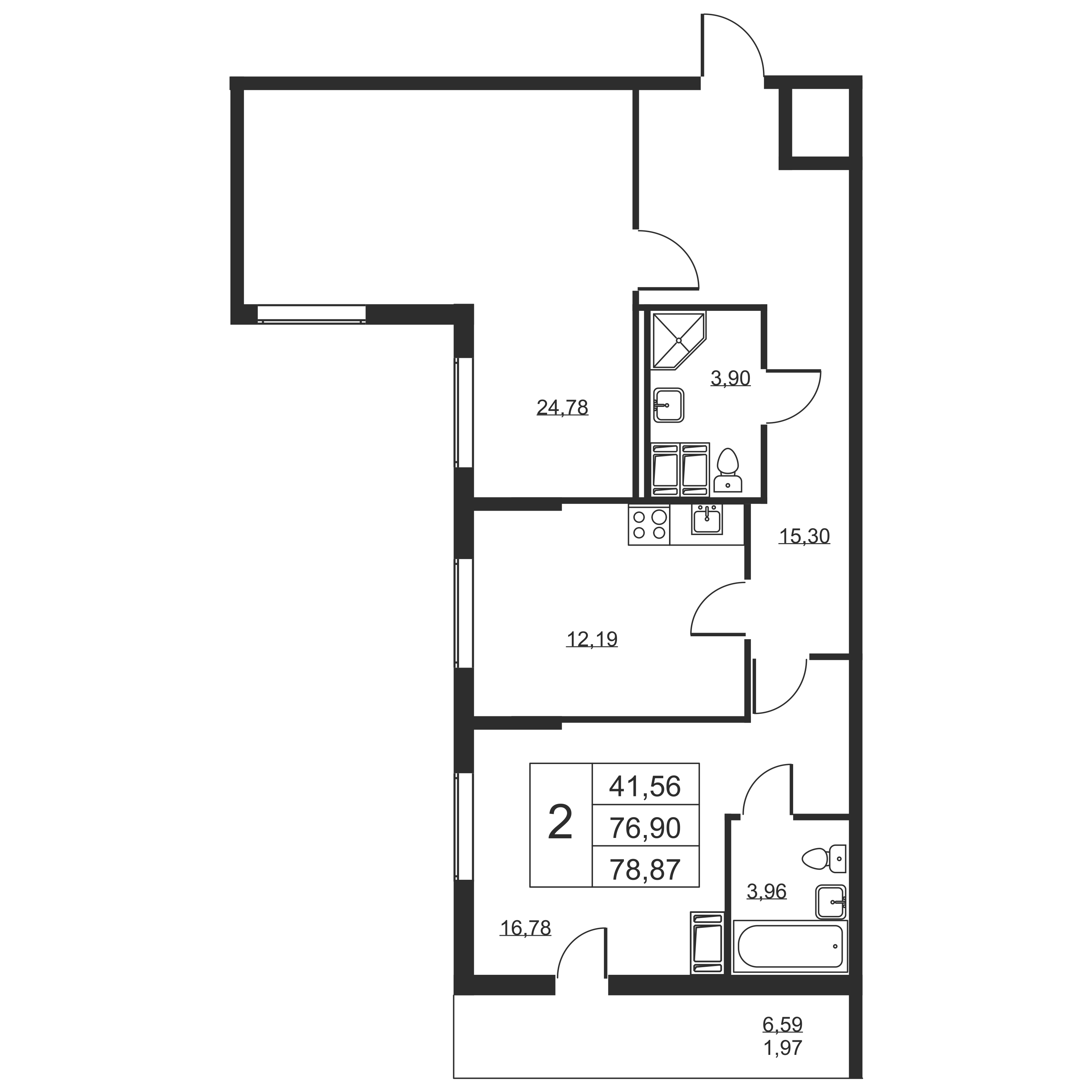 2-комнатная квартира, 78.87