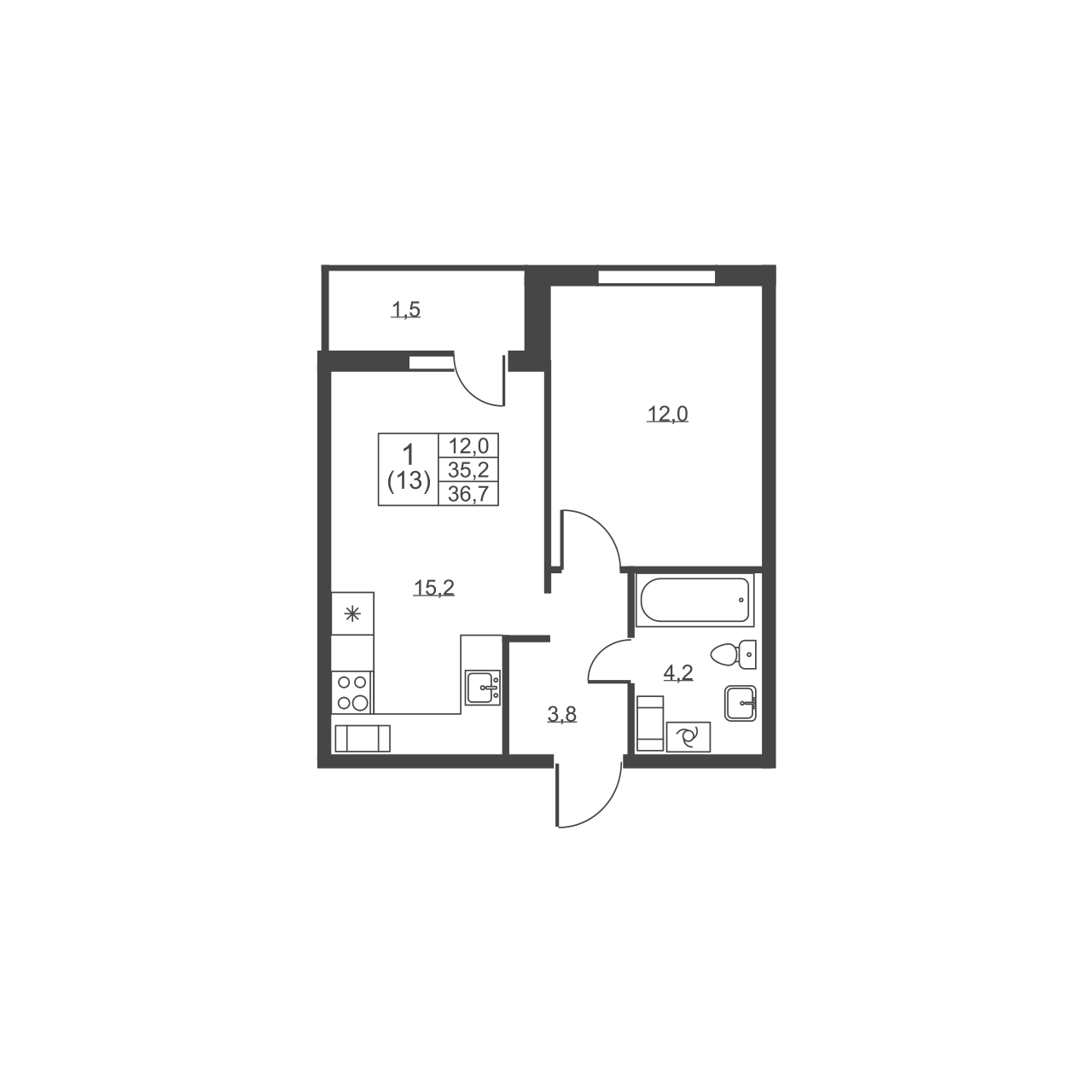 1-комнатная квартира, 36.7