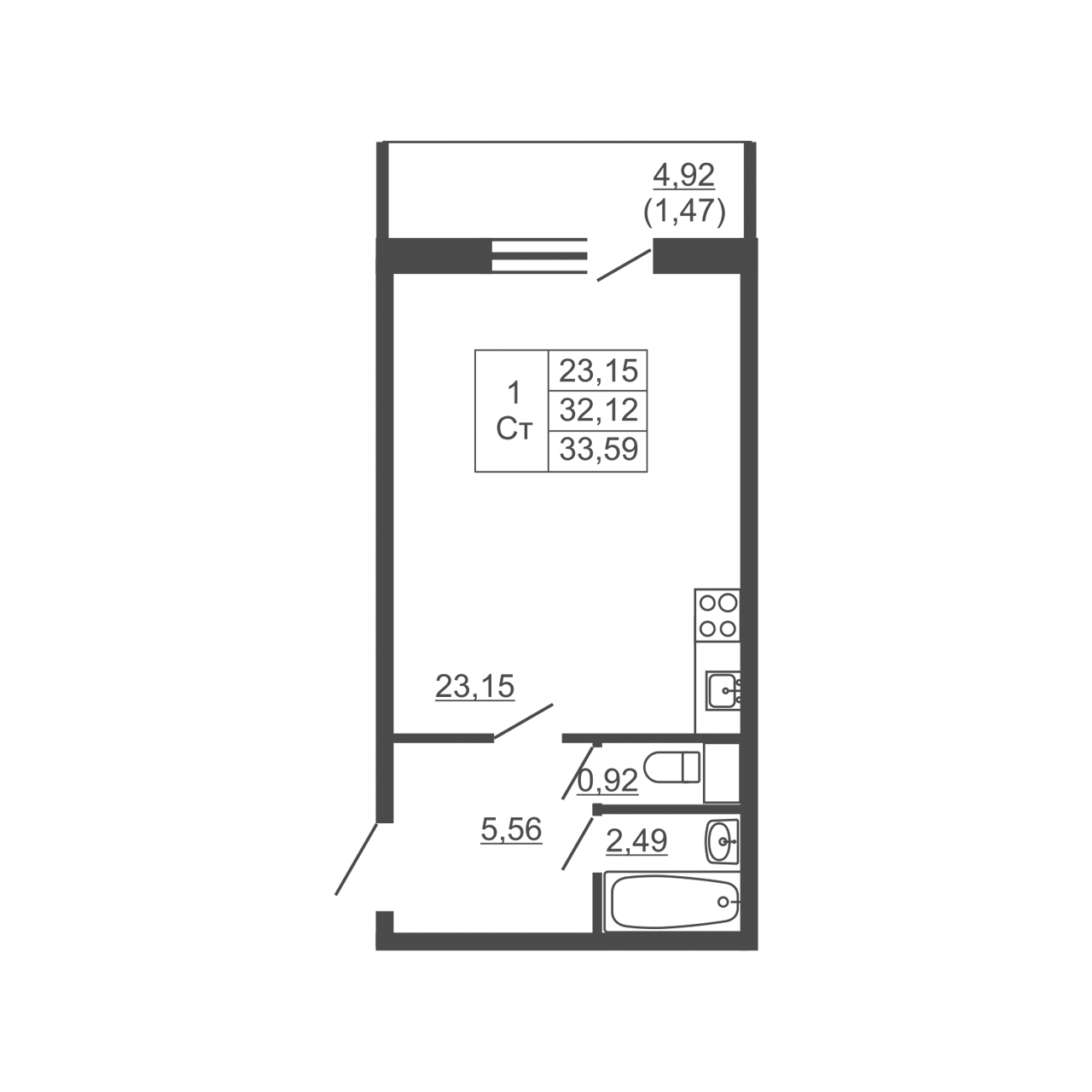 1-комнатная квартира, 33.59