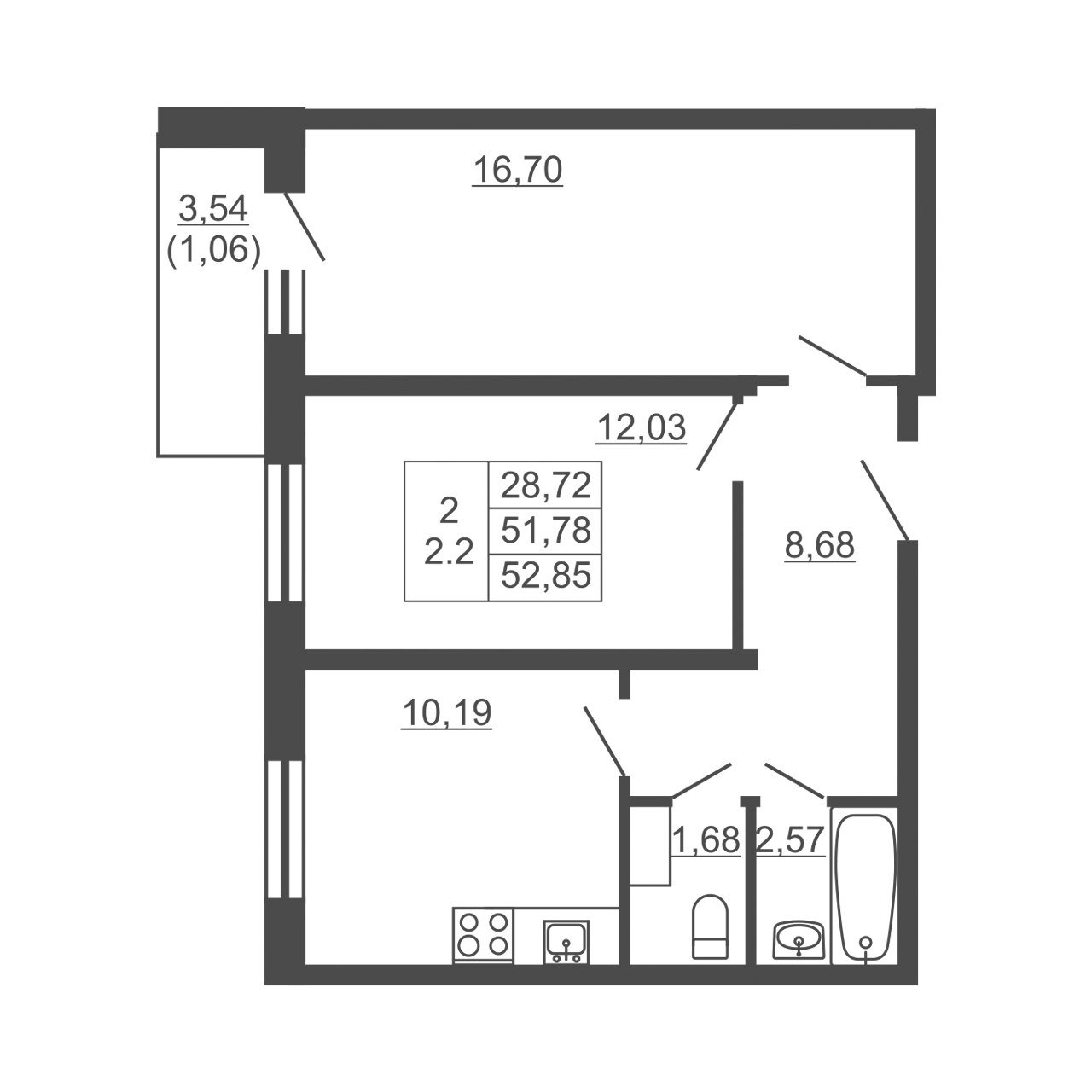 2-комнатная квартира, 52.85