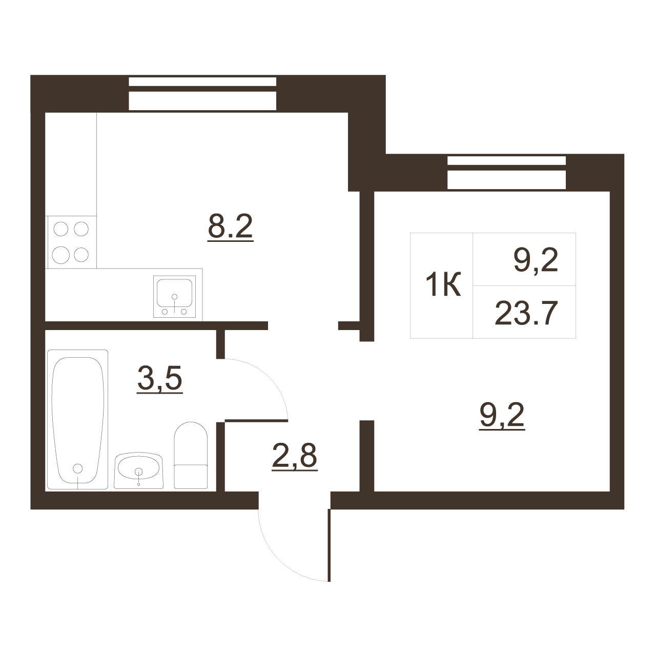 1-комнатная квартира, 23.7