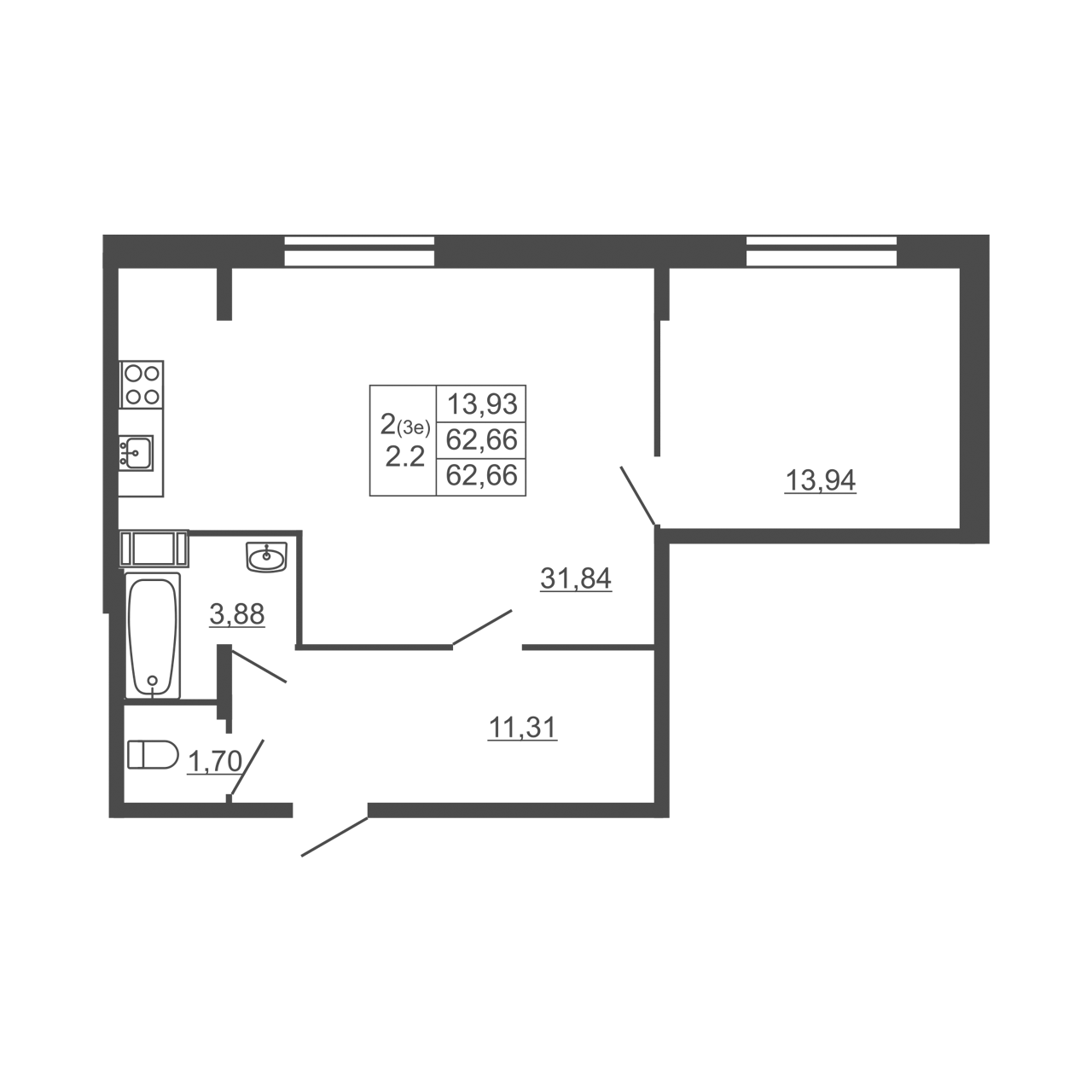 2-комнатная квартира, 62.66