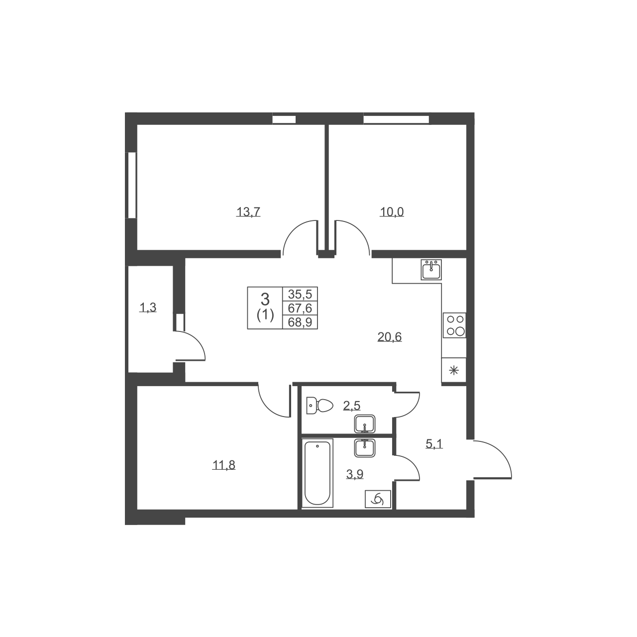 3-комнатная квартира, 68.9