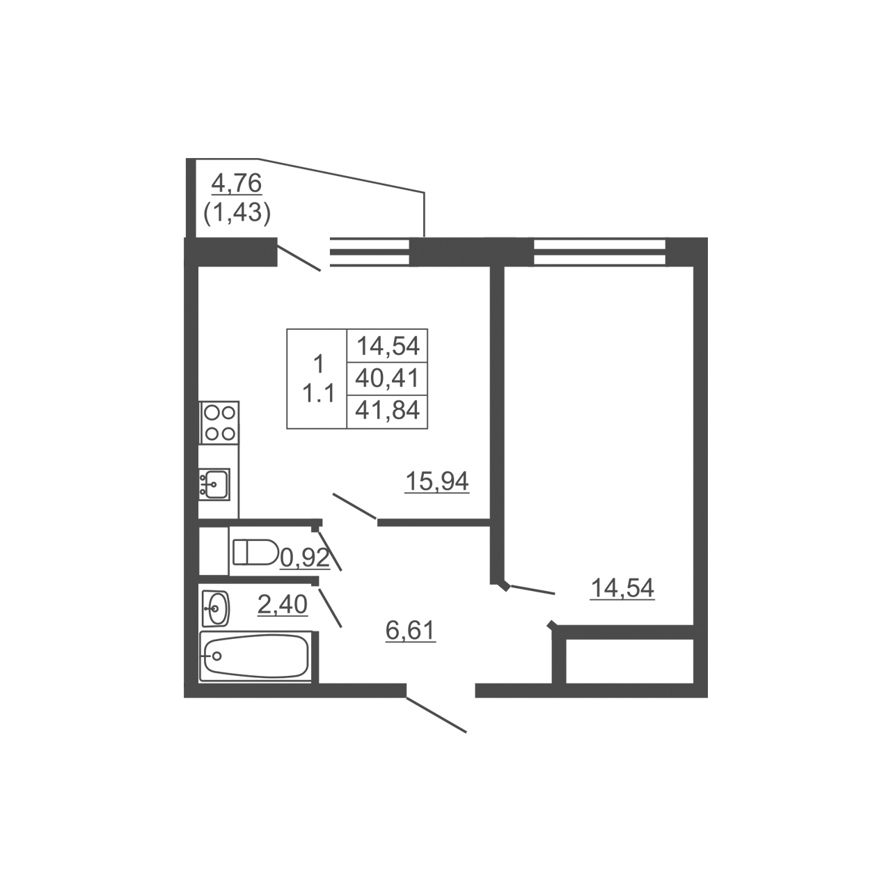1-комнатная квартира, 41.84