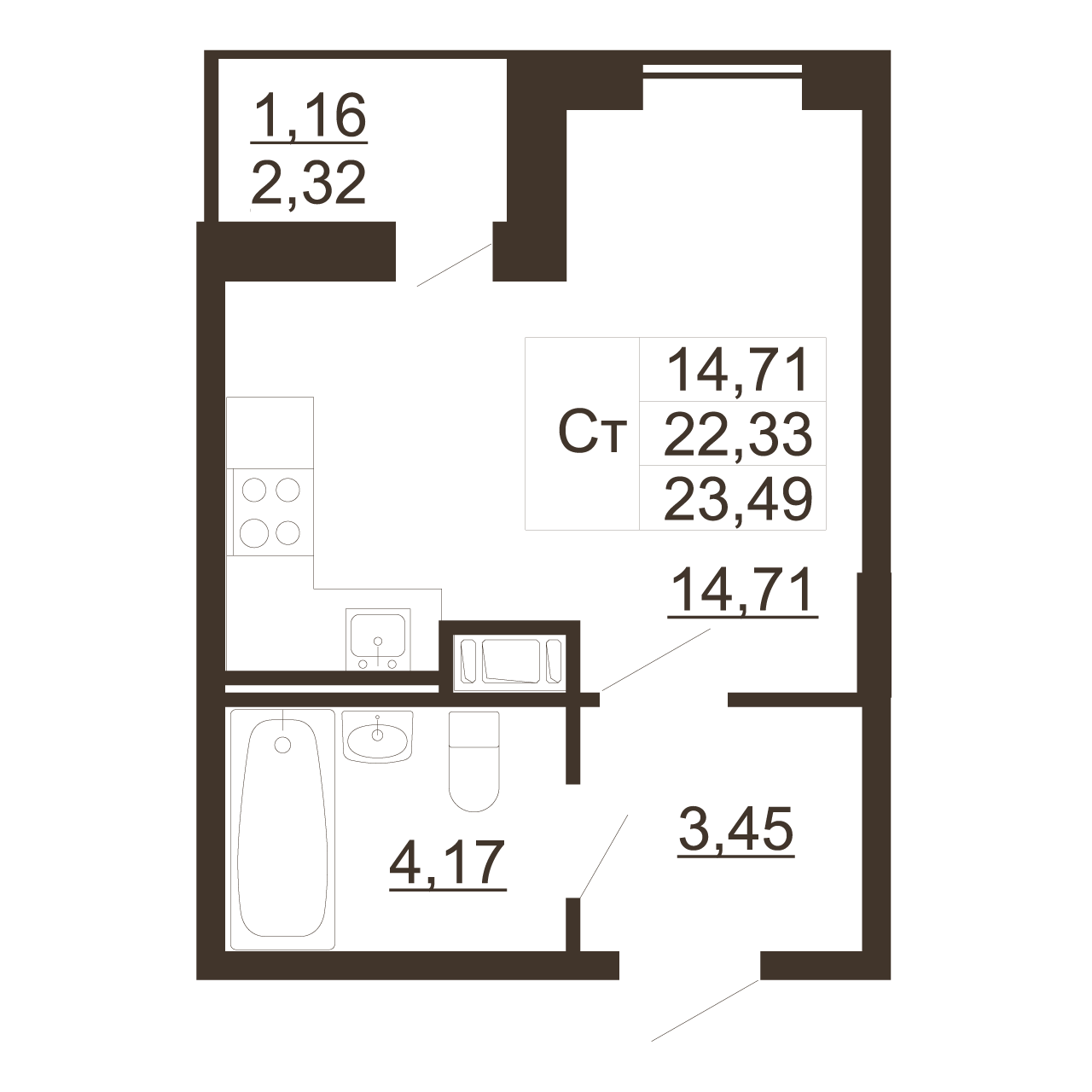 Квартира студия, 23.49