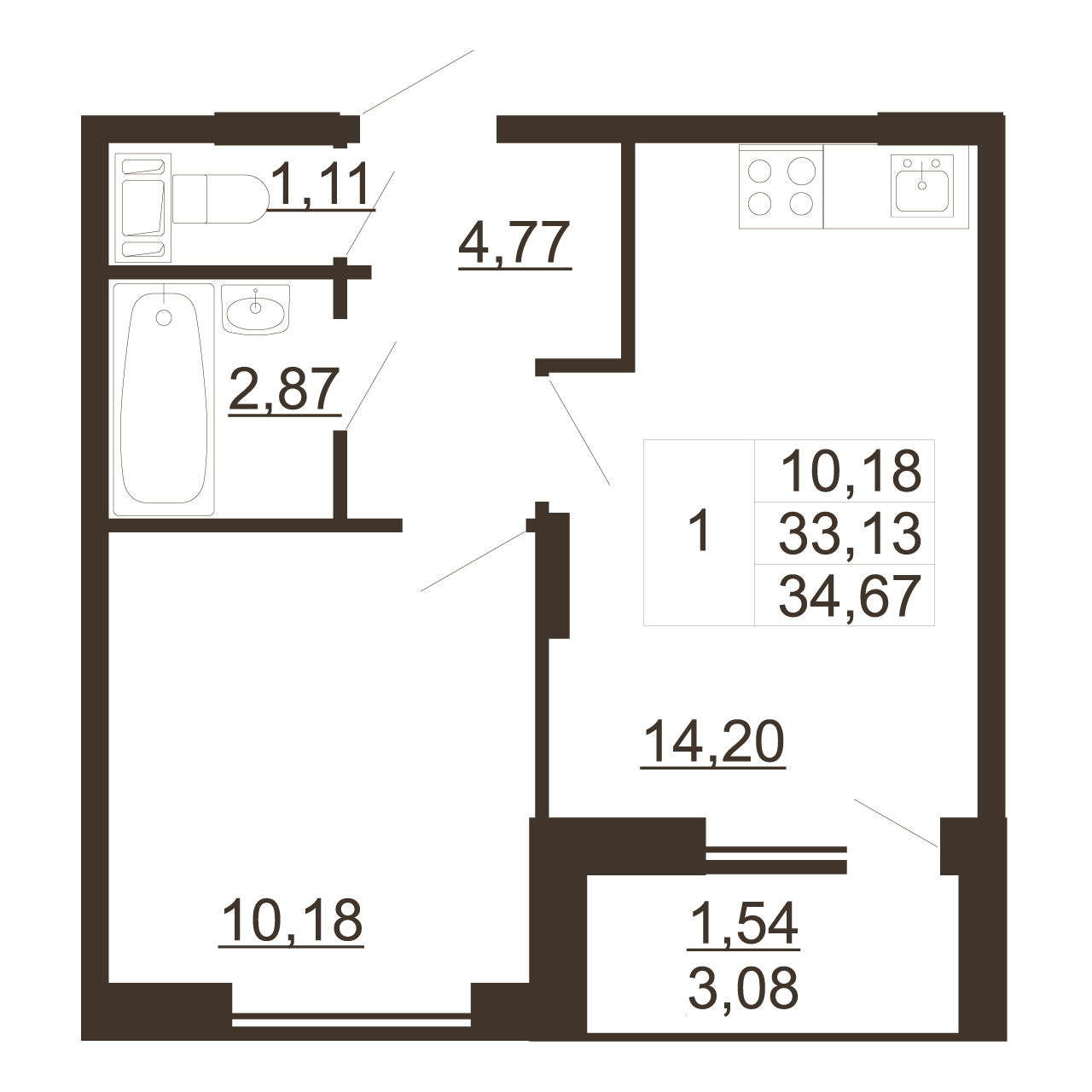 1-комнатная квартира, 34.67