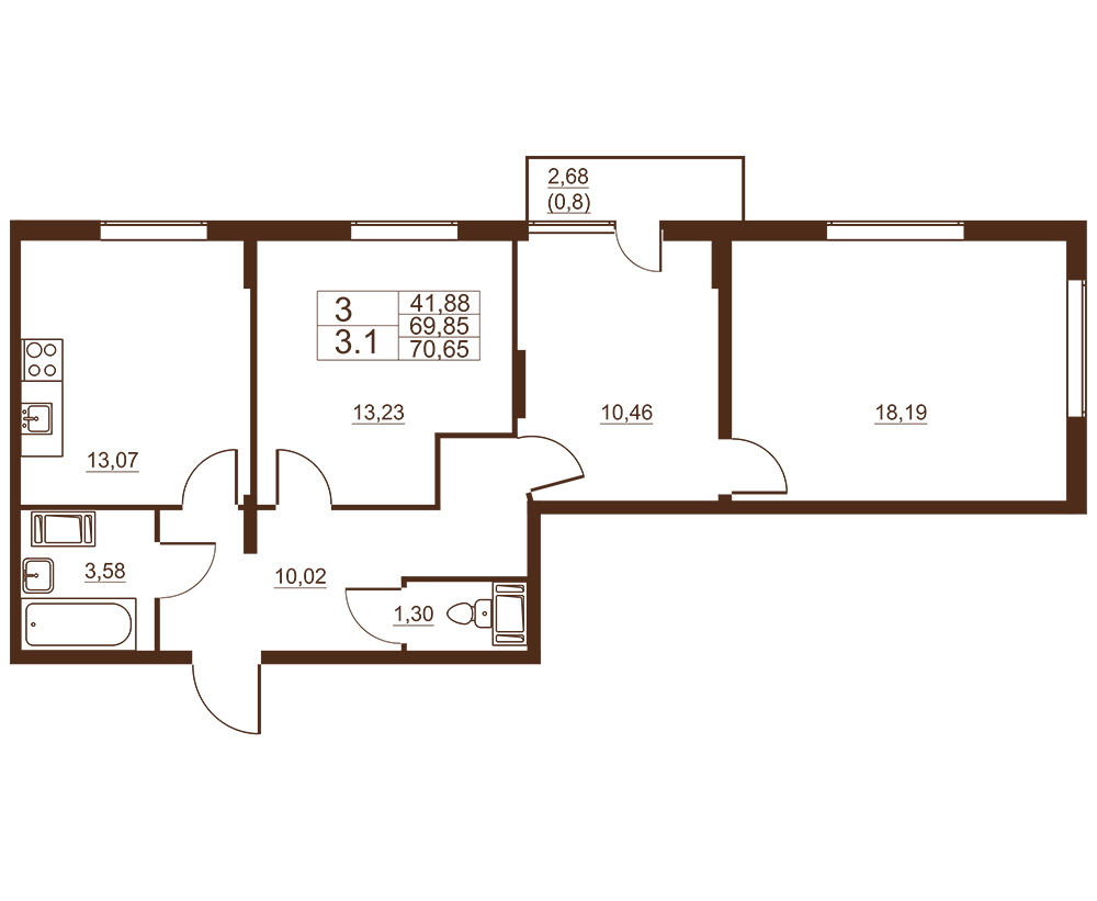 3-комнатная квартира, 70.65