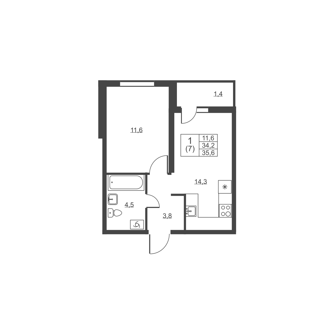 ﻿1-комнатная квартира, 35.6