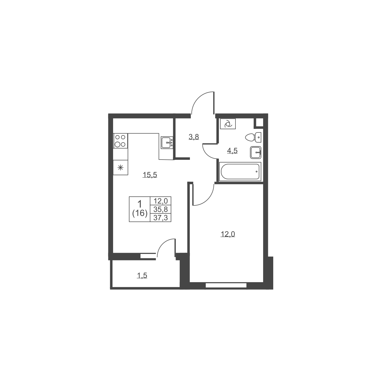 1-комнатная квартира, 37.3