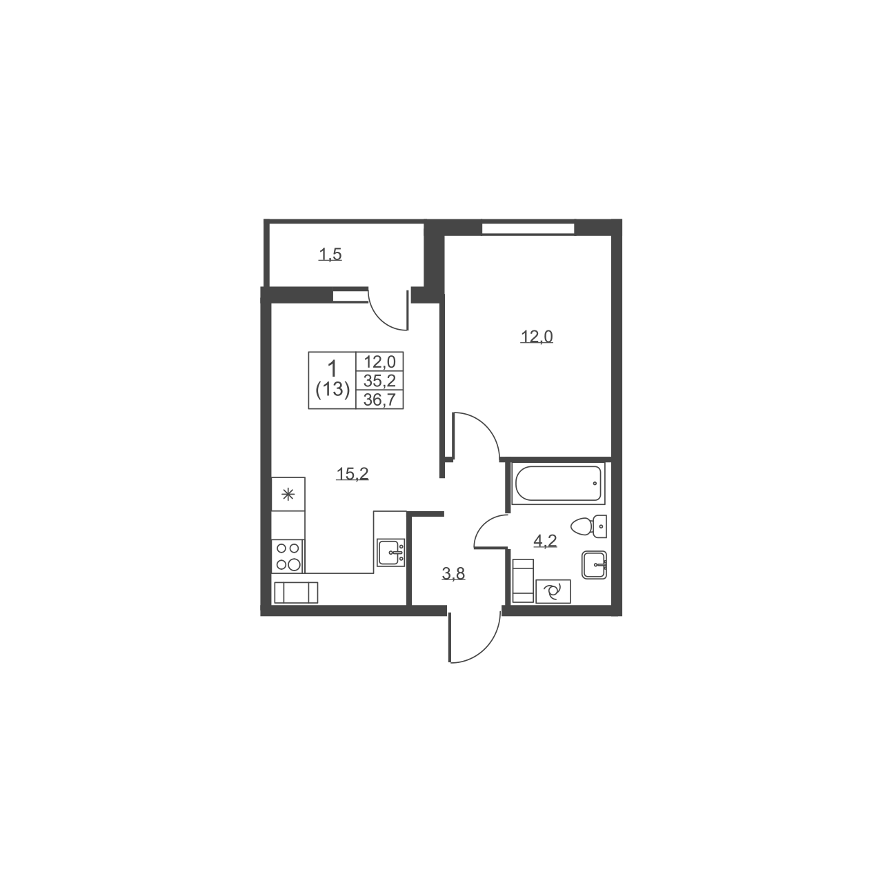 1-комнатная квартира, 36.7