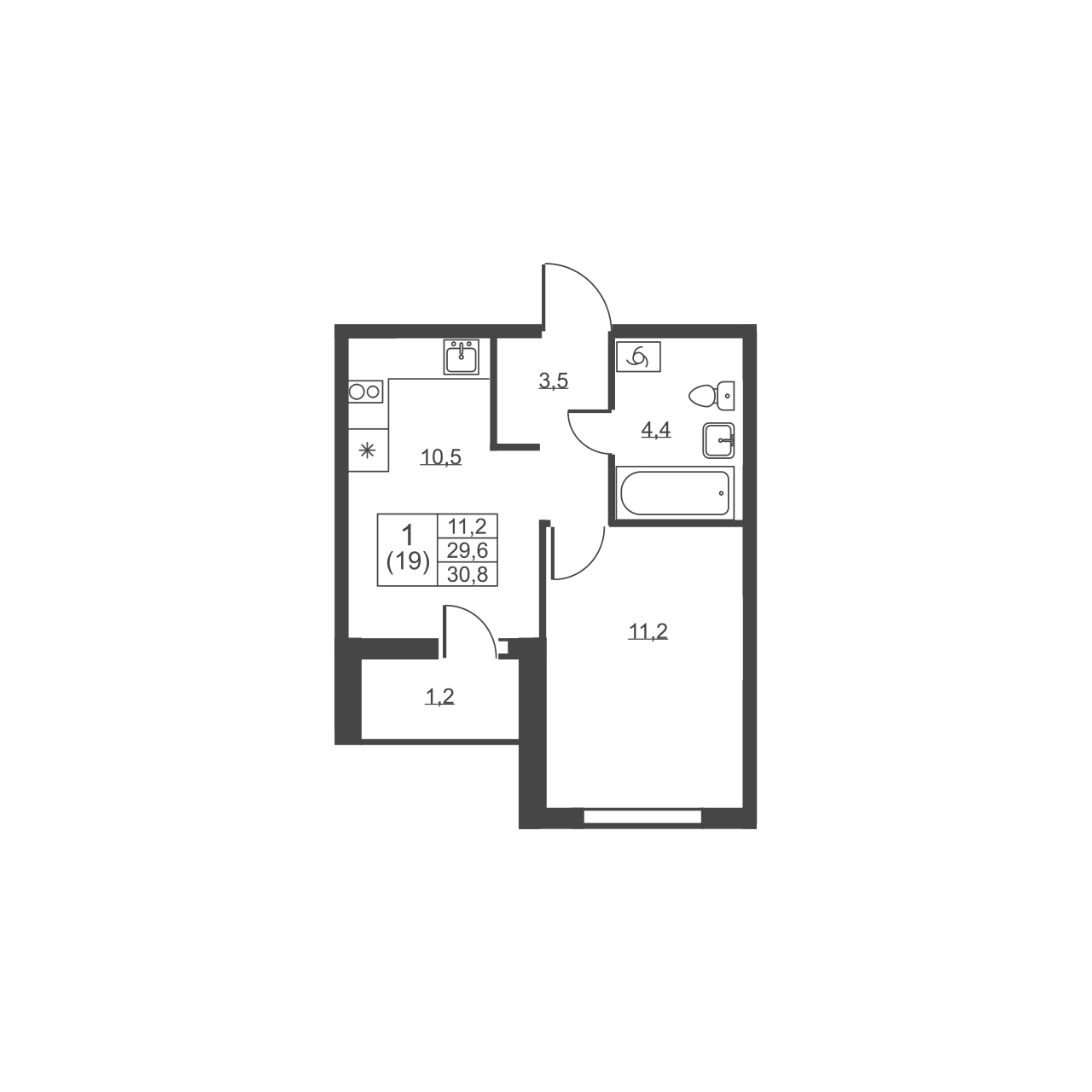 ﻿1-комнатная квартира, 30.8