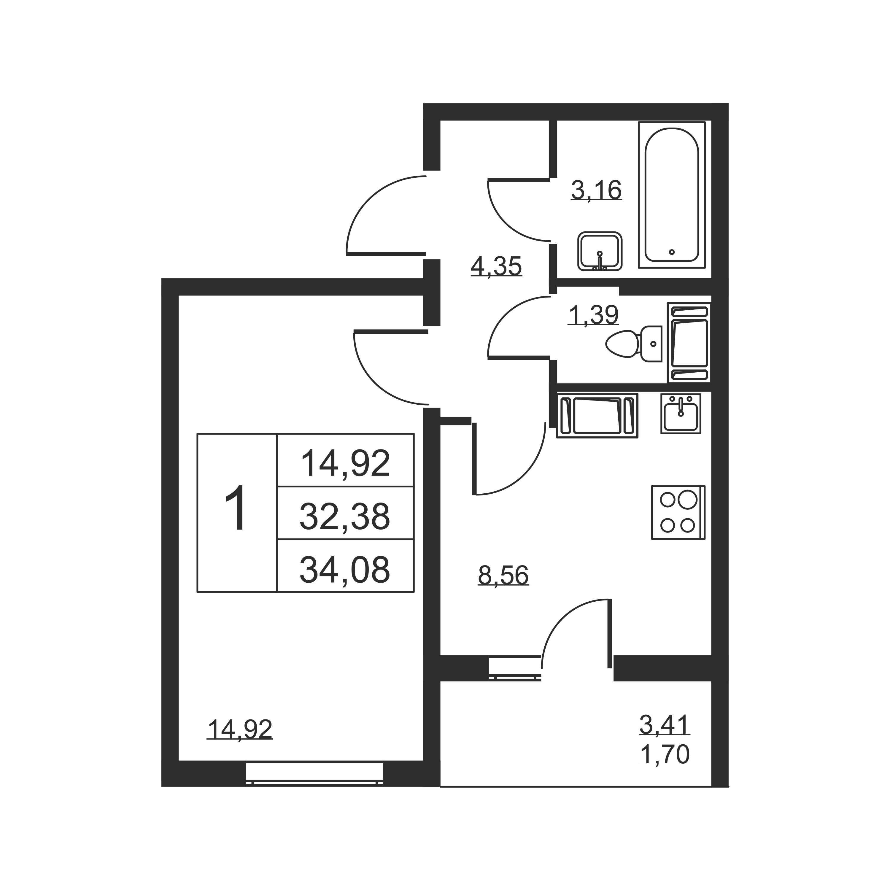 1-комнатная квартира, 34.08